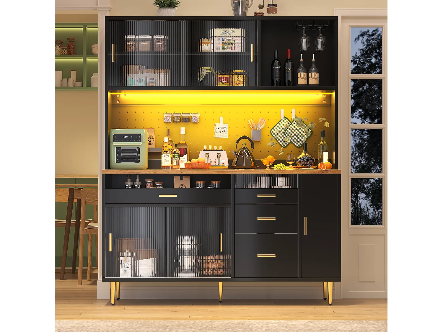 Kredens kuchenny 145x39x171 cm - 4 drzwi szklane - 4 szuflady - przegródka na wino - z oświetleniem LED - Czarny