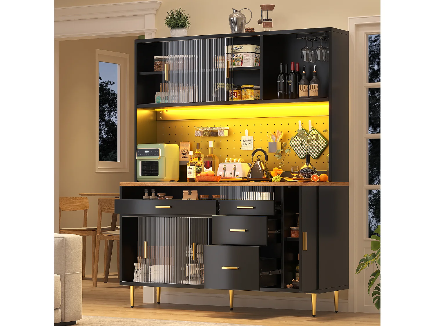 Kredens kuchenny 145x39x171 cm - 4 drzwi szklane - 4 szuflady - przegródka na wino - z oświetleniem LED - Czarny