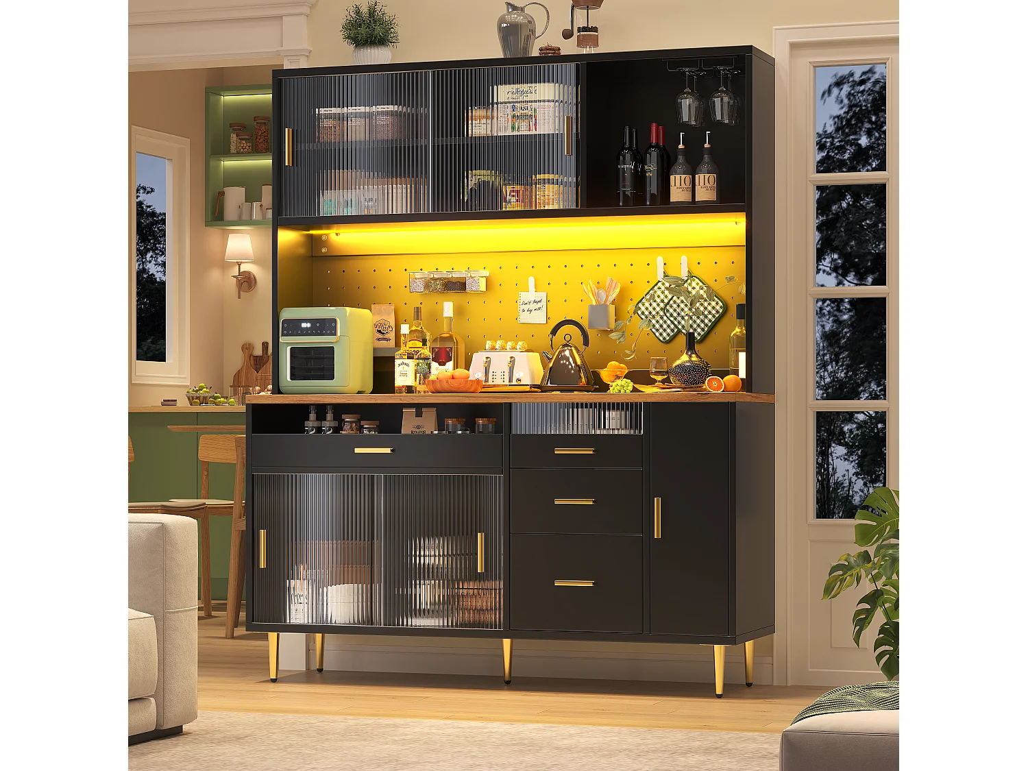 Kredens kuchenny 145x39x171 cm - 4 drzwi szklane - 4 szuflady - przegródka na wino - z oświetleniem LED - Czarny