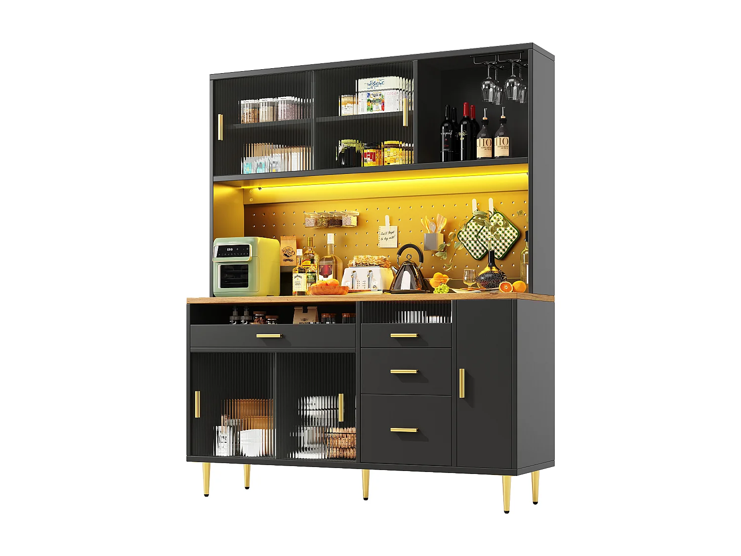 Kredens kuchenny 145x39x171 cm - 4 drzwi szklane - 4 szuflady - przegródka na wino - z oświetleniem LED - Czarny