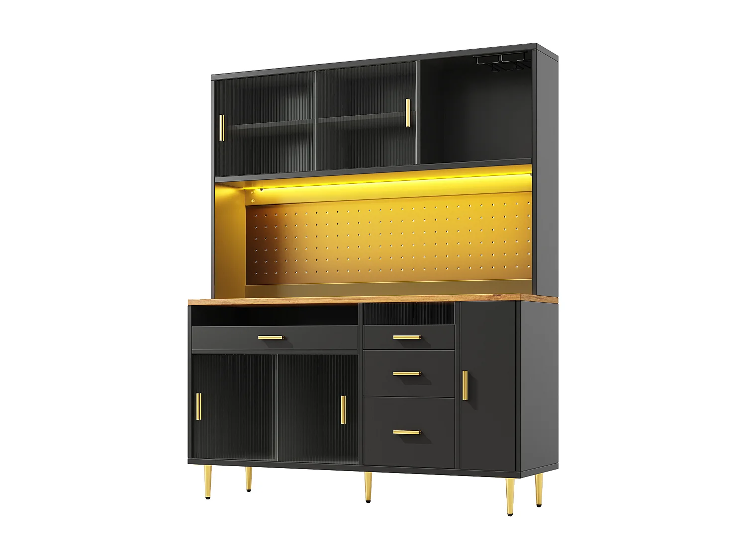 Kredens kuchenny 145x39x171 cm - 4 drzwi szklane - 4 szuflady - przegródka na wino - z oświetleniem LED - Czarny