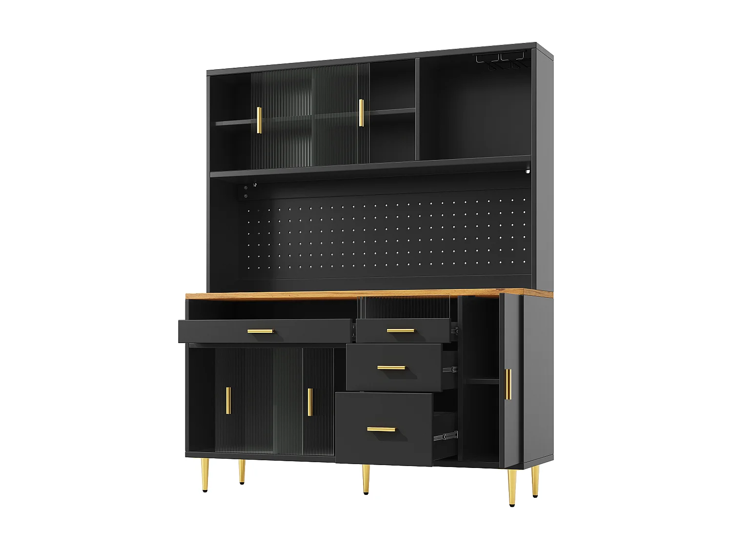 Kredens kuchenny 145x39x171 cm - 4 drzwi szklane - 4 szuflady - przegródka na wino - z oświetleniem LED - Czarny