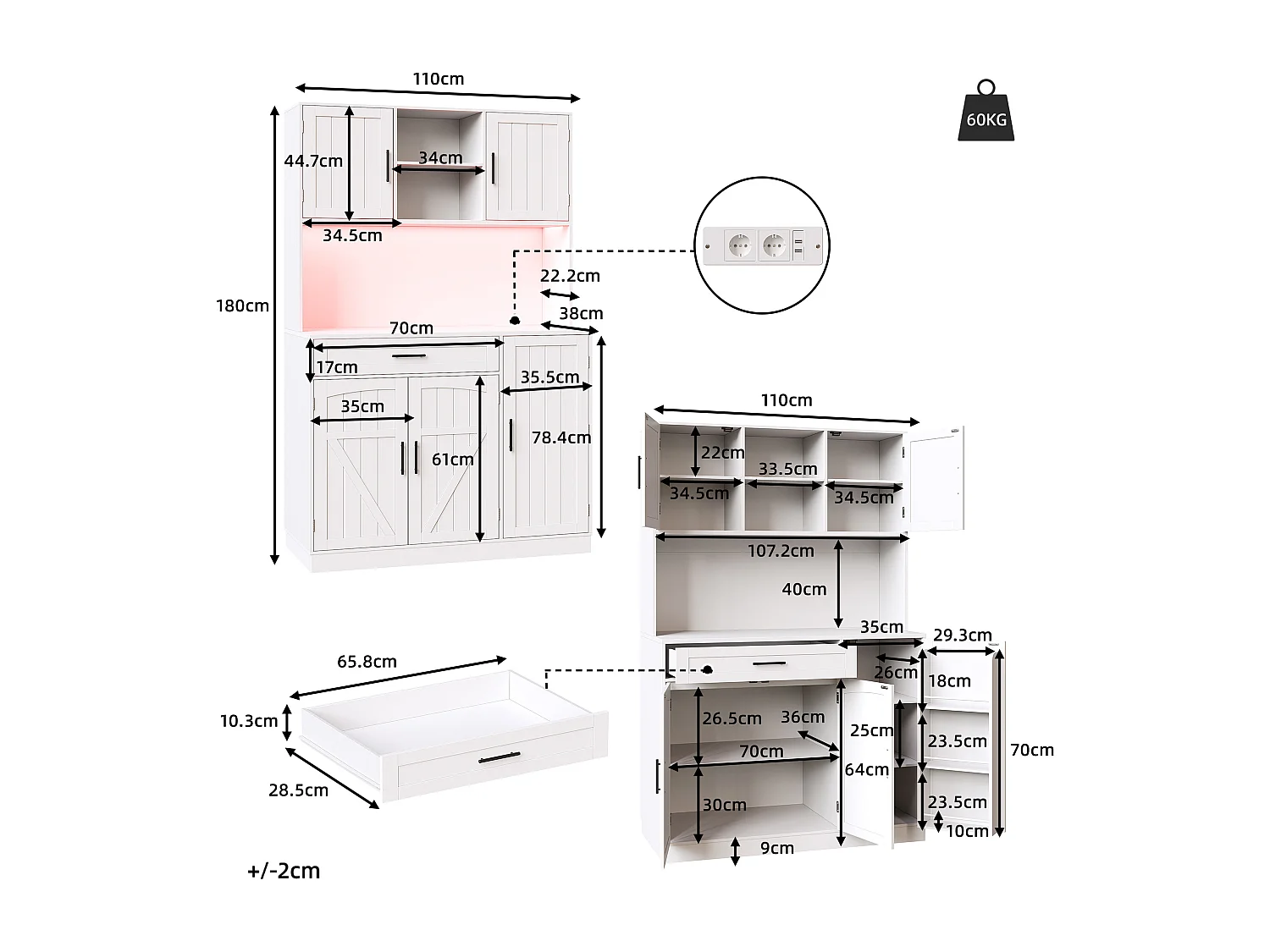 Keuken buffet 110x38x180 cm - 5 deuren en 1 lade - kruidenplank - met LED-verlichting en stopcontact - Wit