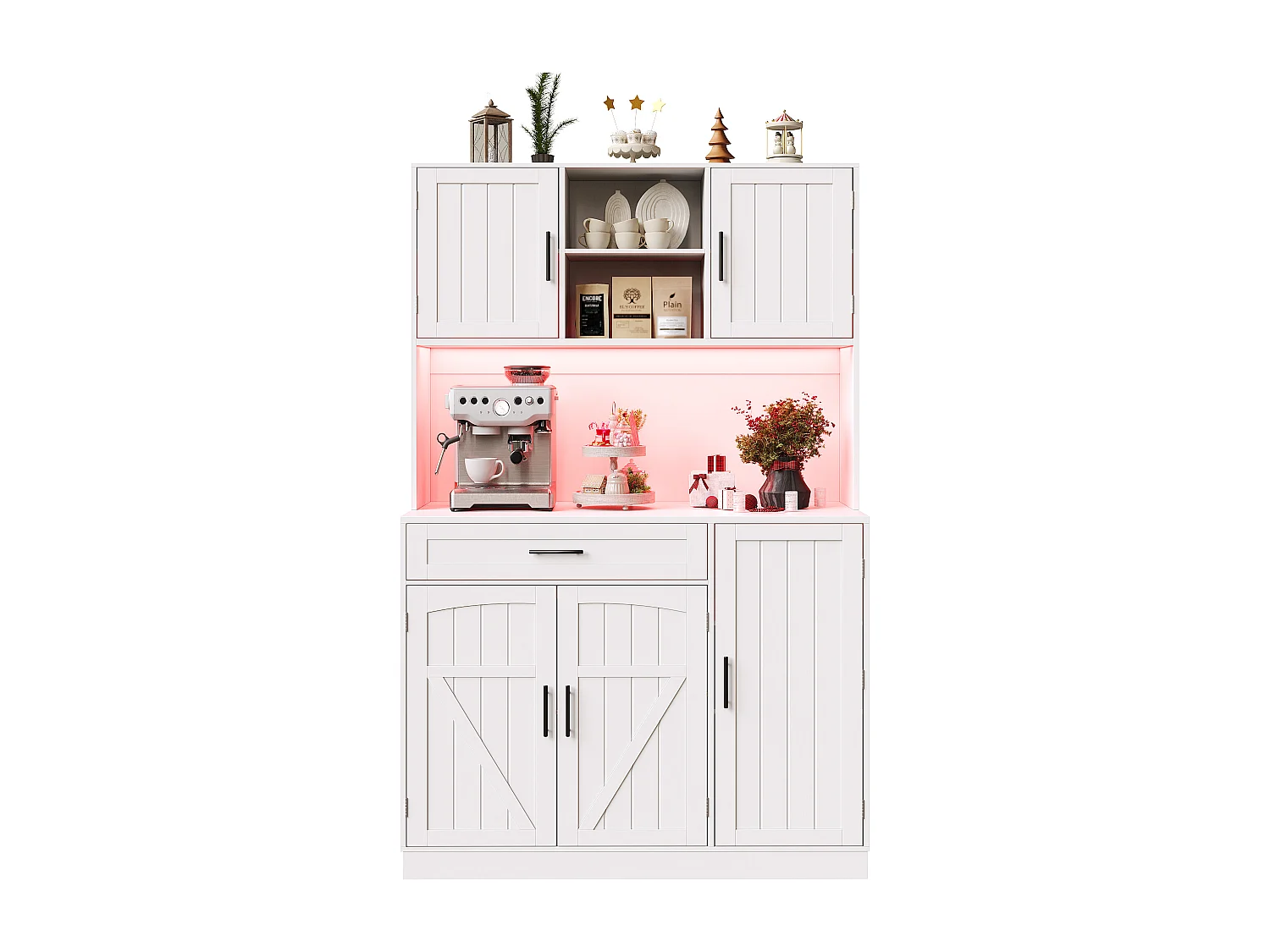 Keuken buffet 110x38x180 cm - 5 deuren en 1 lade - kruidenplank - met LED-verlichting en stopcontact - Wit