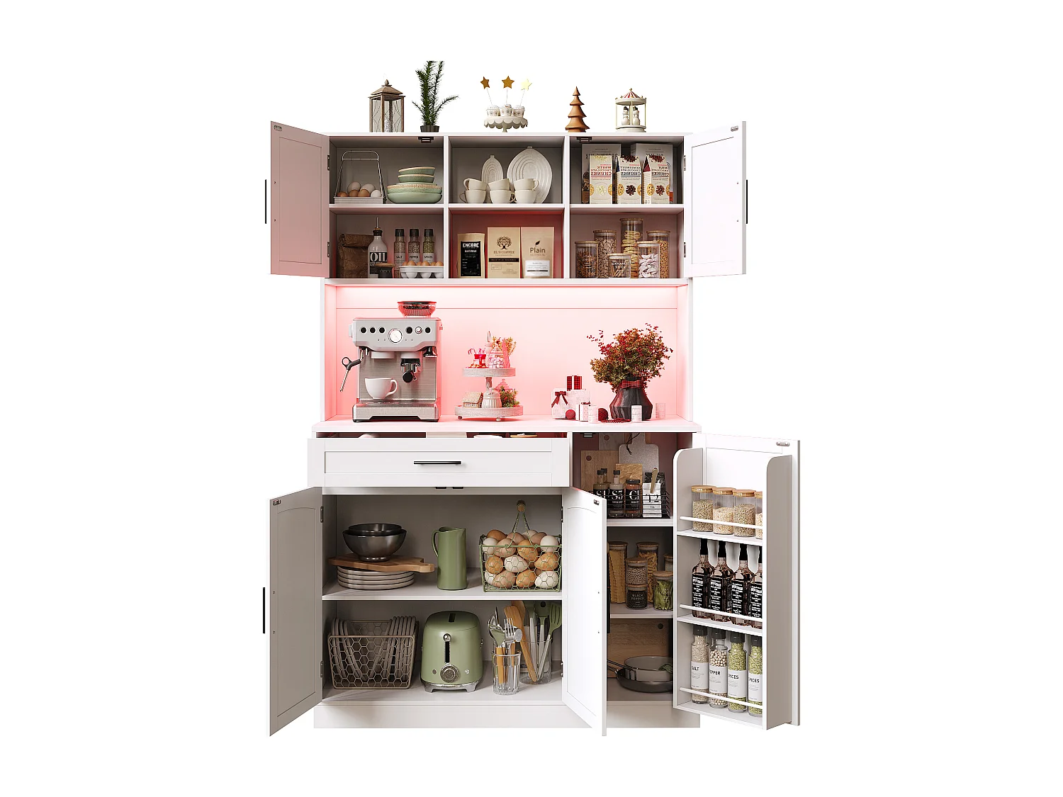 Keuken buffet 110x38x180 cm - 5 deuren en 1 lade - kruidenplank - met LED-verlichting en stopcontact - Wit