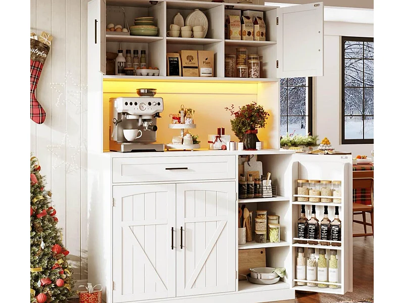 Buffet de cuisine 110x38x180 cm - 5 portes et 1 tiroir - étagère à épices - avec éclairage LED et prise électrique - Blanc