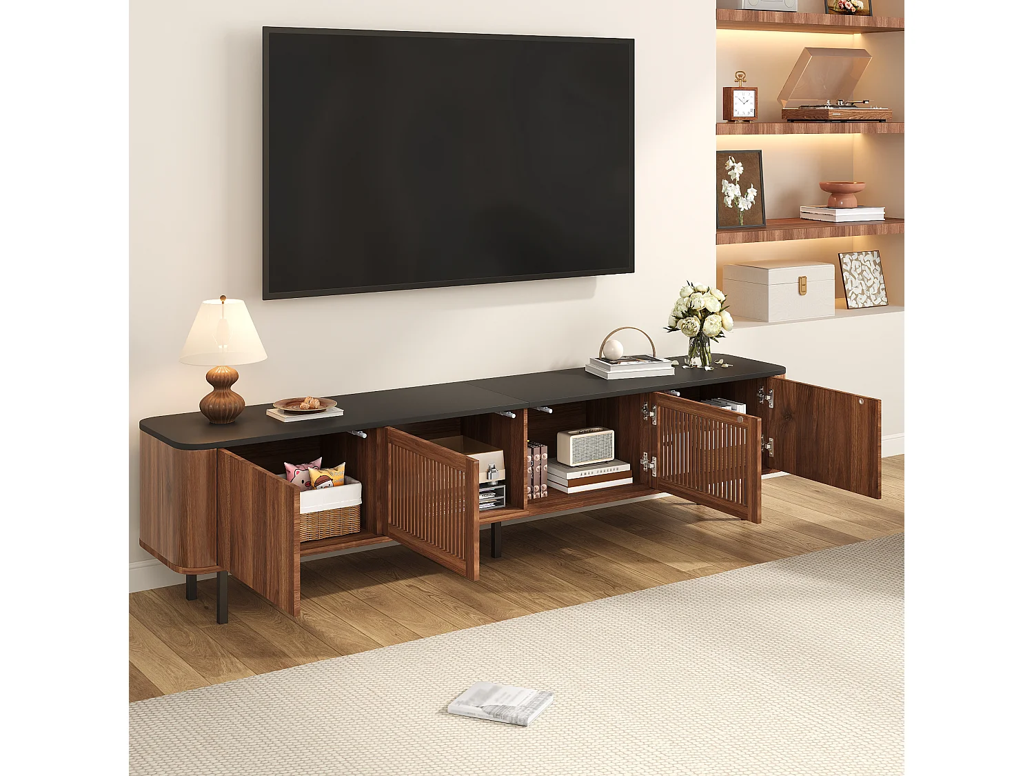 Moderner TV-Schrank 190x35x45 cm - 4 Jalousientüren - abgerundete Ecken - Eisenfüße - MDF - braun
