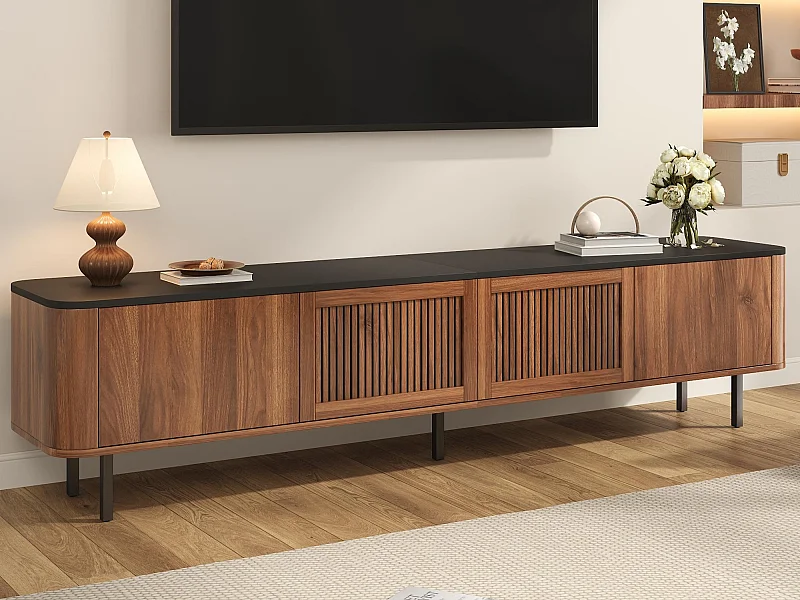 Moderner TV-Schrank 190x35x45 cm - 4 Jalousientüren - abgerundete Ecken - Eisenfüße - MDF - braun