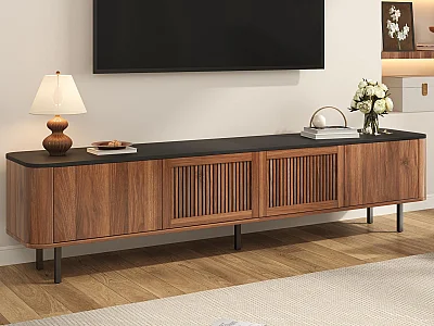 Mobile TV moderno 190x35x45 cm - 4 ante a persiana - angoli arrotondati - gambe in ferro - MDF - marrone