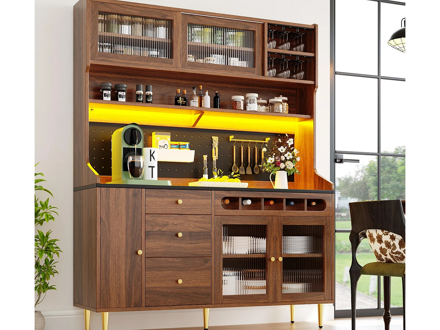 Küchenbuffet 145x39x171 cm - mit LED-Beleuchtung - 4 Glastüren - 3 Schubladen - mit Lochplatte - Braun