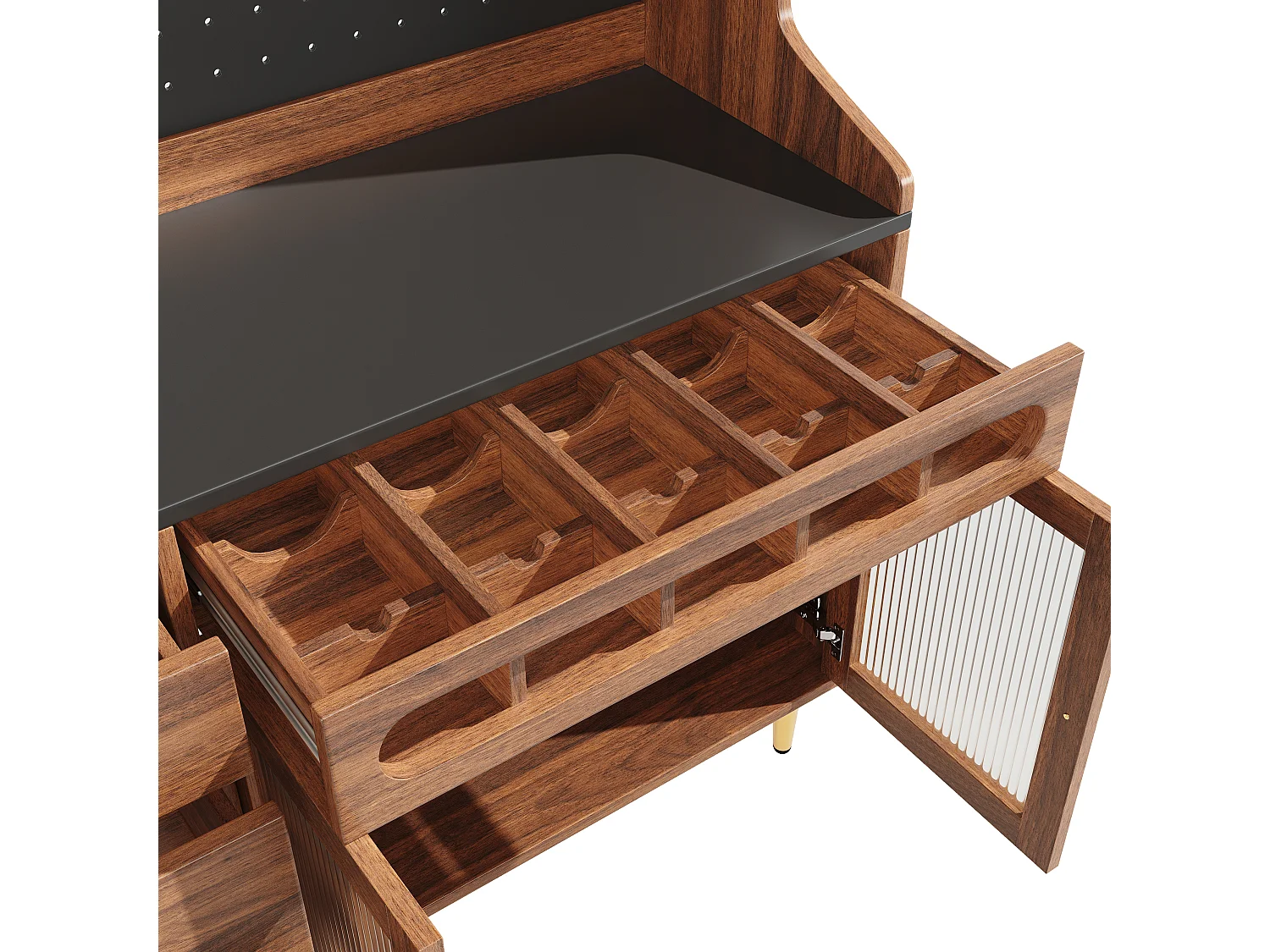 Küchenbuffet 145x39x171 cm - mit LED-Beleuchtung - 4 Glastüren - 3 Schubladen - mit Lochplatte - Braun