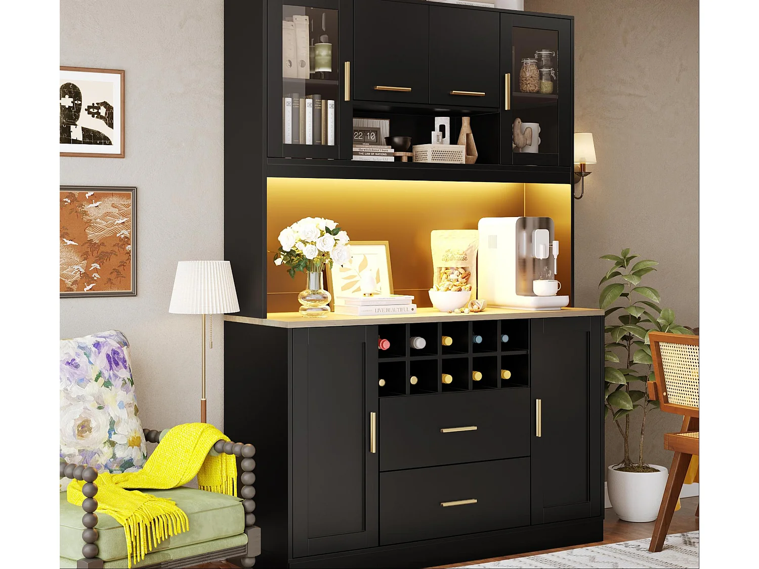 Keuken buffet 120x36x180 cm - 6 deuren en 2 lades - met LED-verlichting en stopcontact - 10 wijnvakken - Zwart