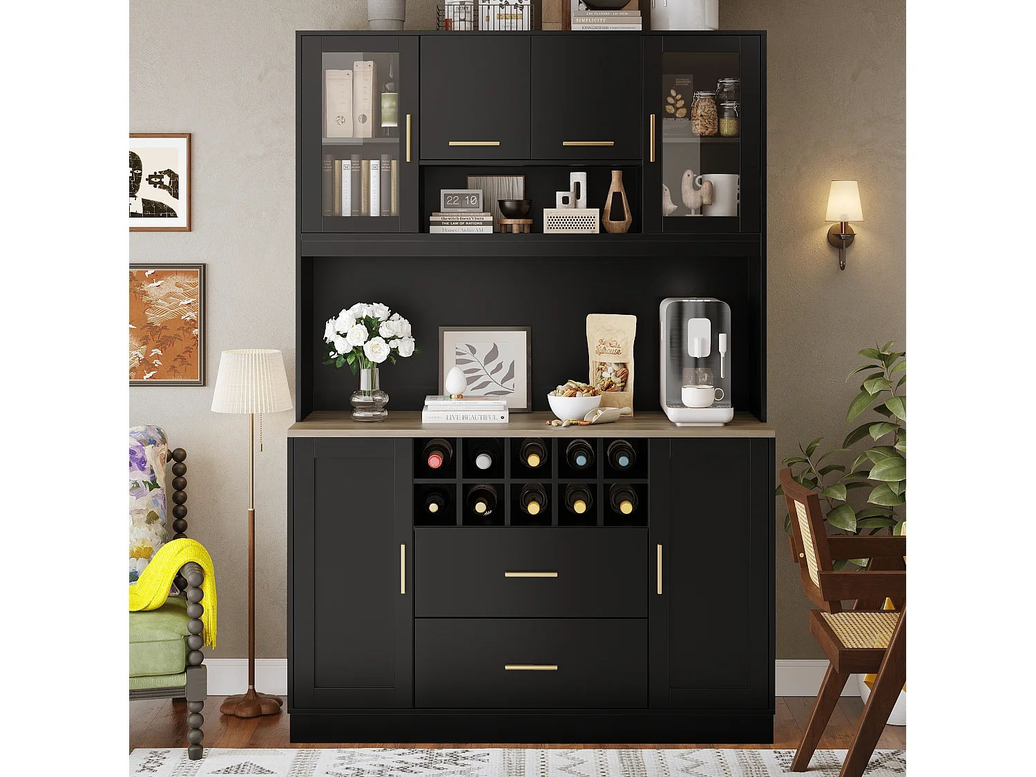 Keuken buffet 120x36x180 cm - 6 deuren en 2 lades - met LED-verlichting en stopcontact - 10 wijnvakken - Zwart