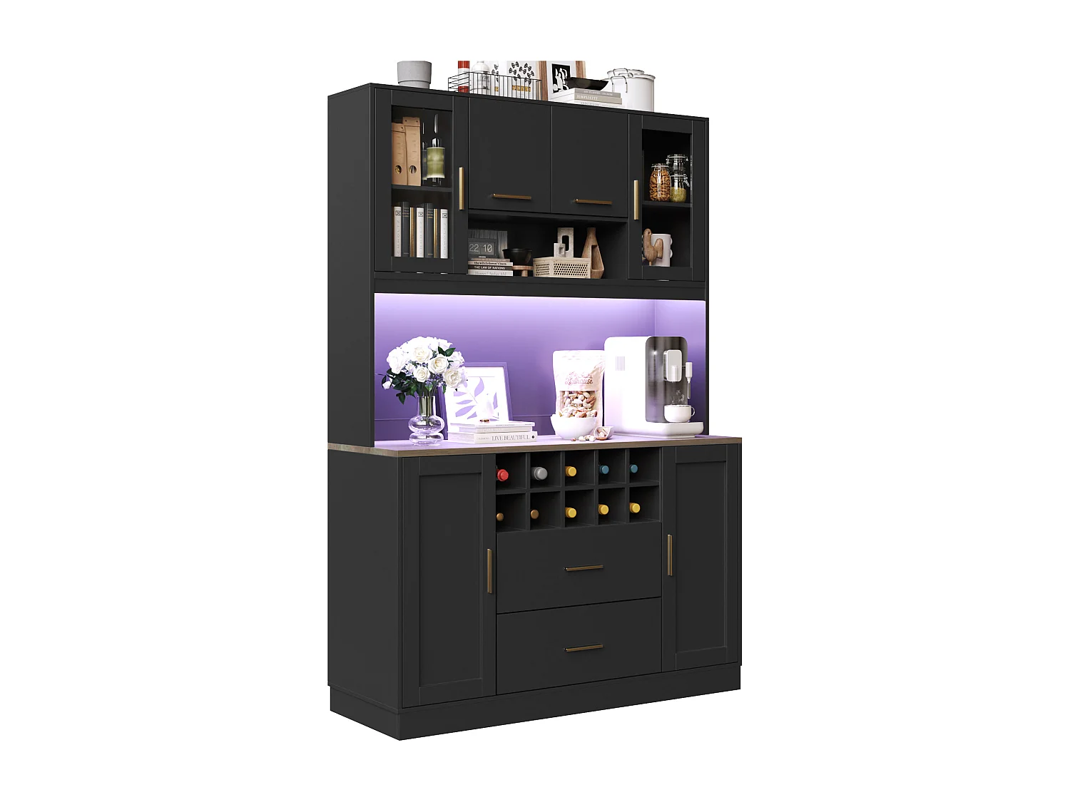 Keuken buffet 120x36x180 cm - 6 deuren en 2 lades - met LED-verlichting en stopcontact - 10 wijnvakken - Zwart