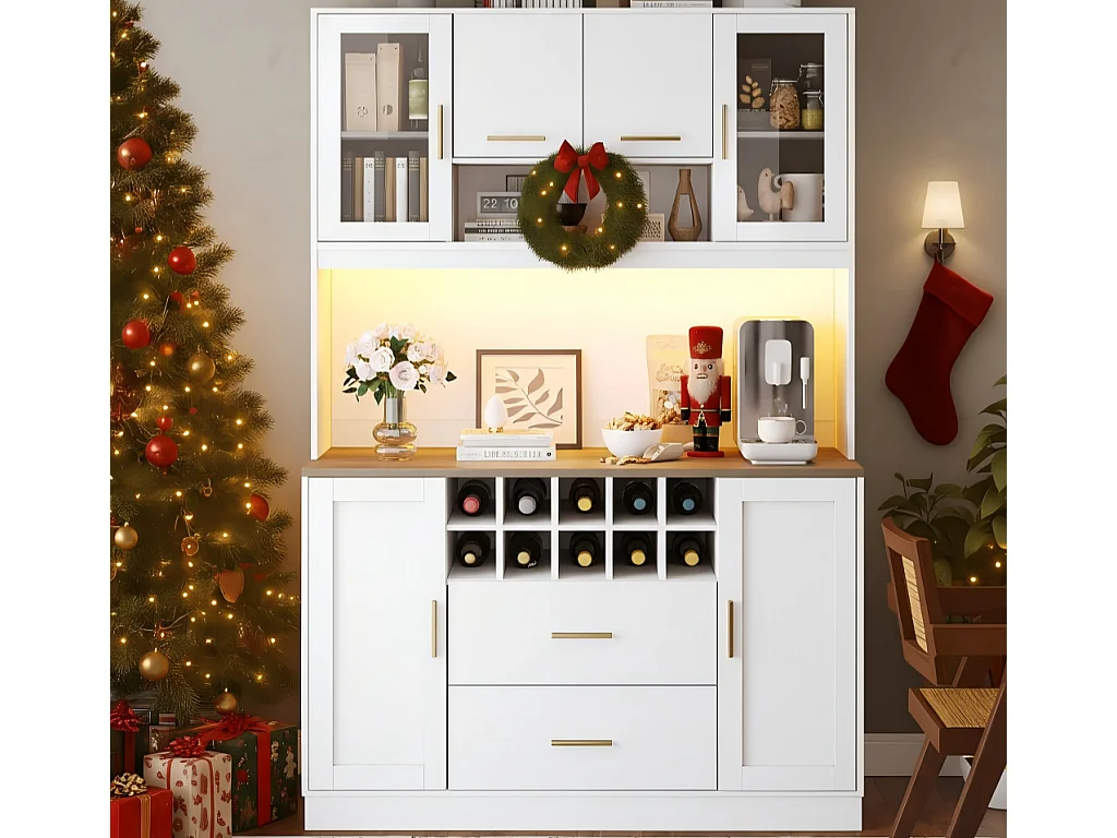 Keuken buffet 120x36x180 cm - 6 deuren en 2 lades - met LED-verlichting en stopcontact - 10 wijnvakken - Wit