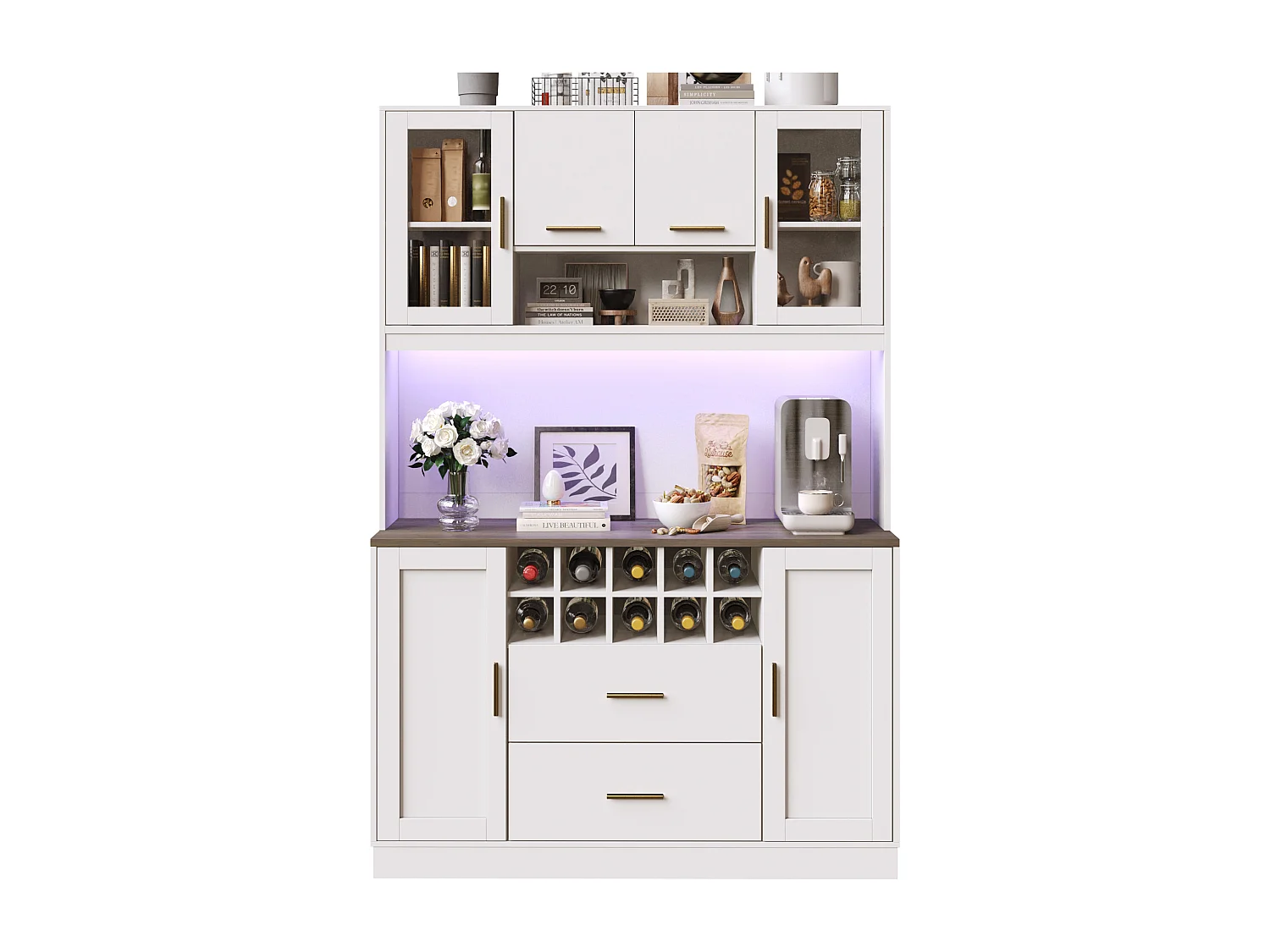 Keuken buffet 120x36x180 cm - 6 deuren en 2 lades - met LED-verlichting en stopcontact - 10 wijnvakken - Wit