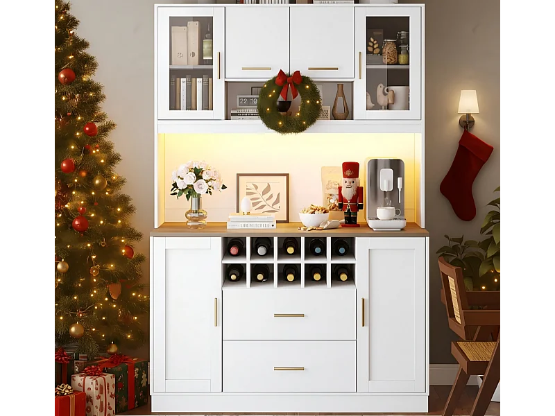 Credenza da cucina 120x36x180 cm - 6 ante e 2 cassetti - con illuminazione LED e presa di corrente - 10 cantinette per vino - Bianco