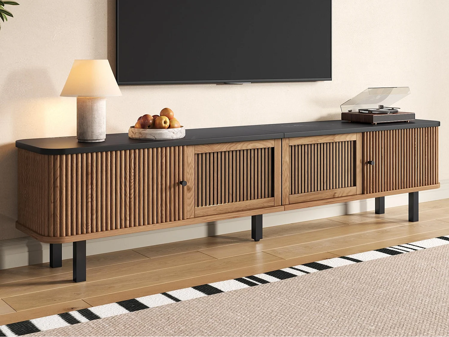 Moderner TV-Schrank 190x35x45 cm - 2 Schiebetüren und 2 Gittertüren - Natur