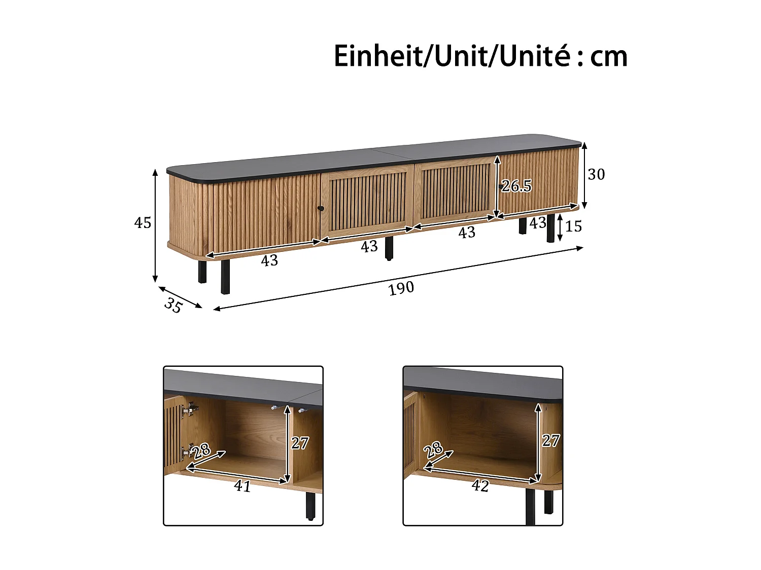 Moderner TV-Schrank 190x35x45 cm - 2 Schiebetüren und 2 Gittertüren - Natur
