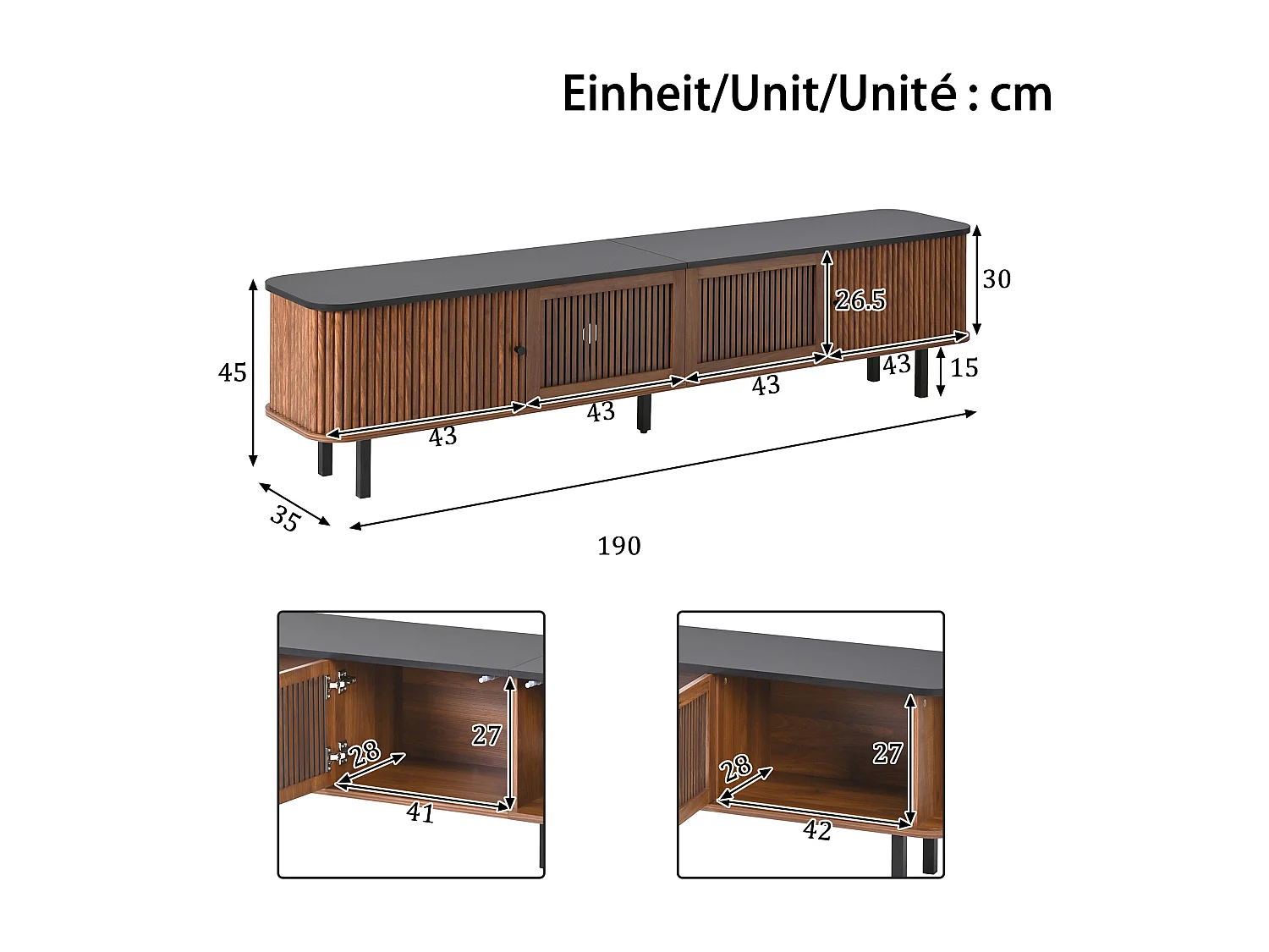 Moderner TV-Schrank 190x35x45 cm - 2 Schiebetüren und 2 Gittertüren - Braun