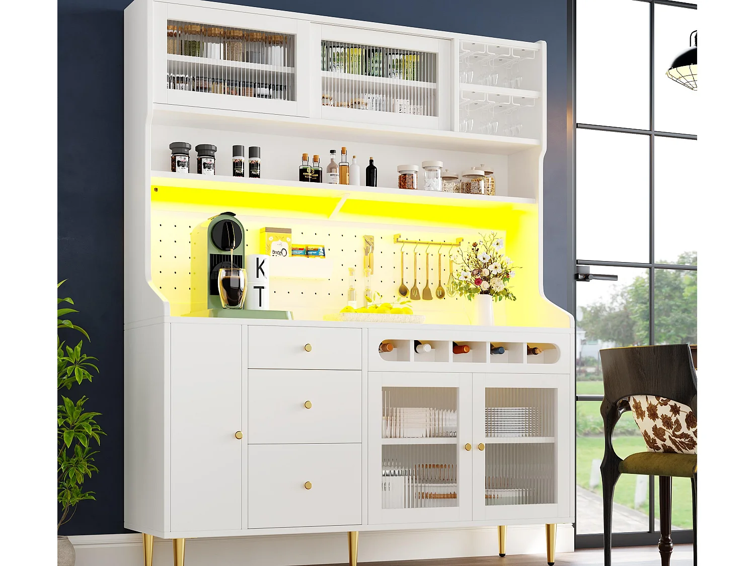 Küchenbuffet 145x39x171 cm - mit LED-Beleuchtung - 4 Glastüren - 3 Schubladen - mit Lochplatte - weiß