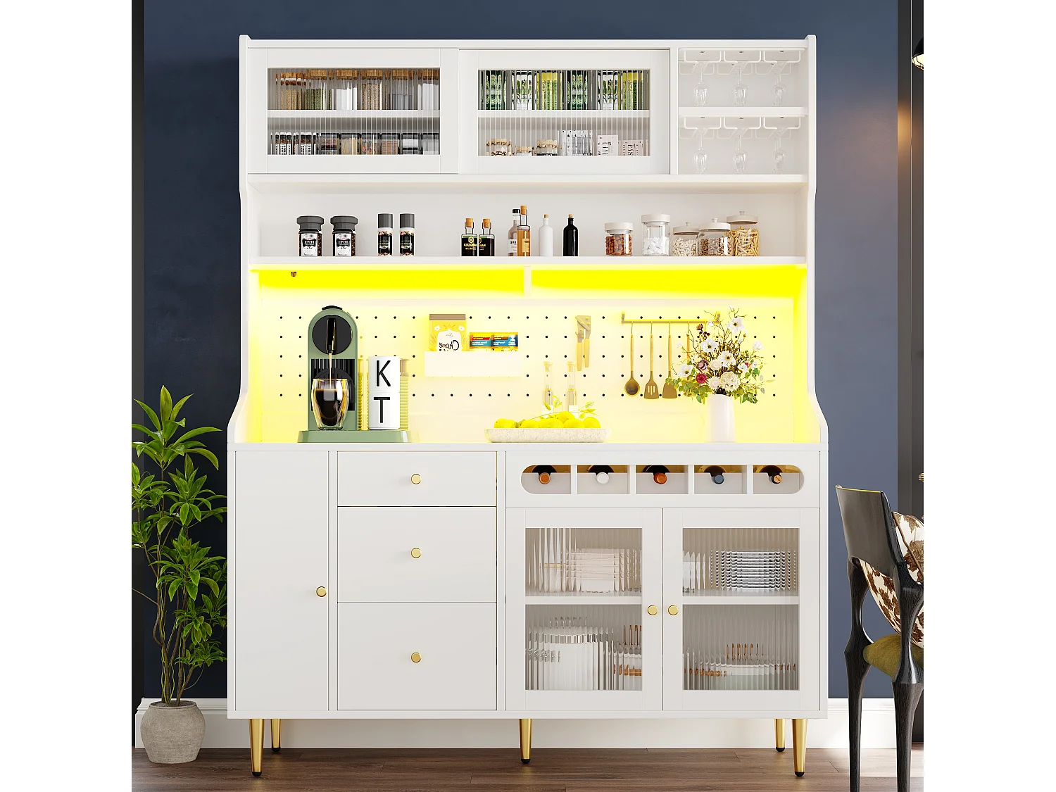 Küchenbuffet 145x39x171 cm - mit LED-Beleuchtung - 4 Glastüren - 3 Schubladen - mit Lochplatte - weiß