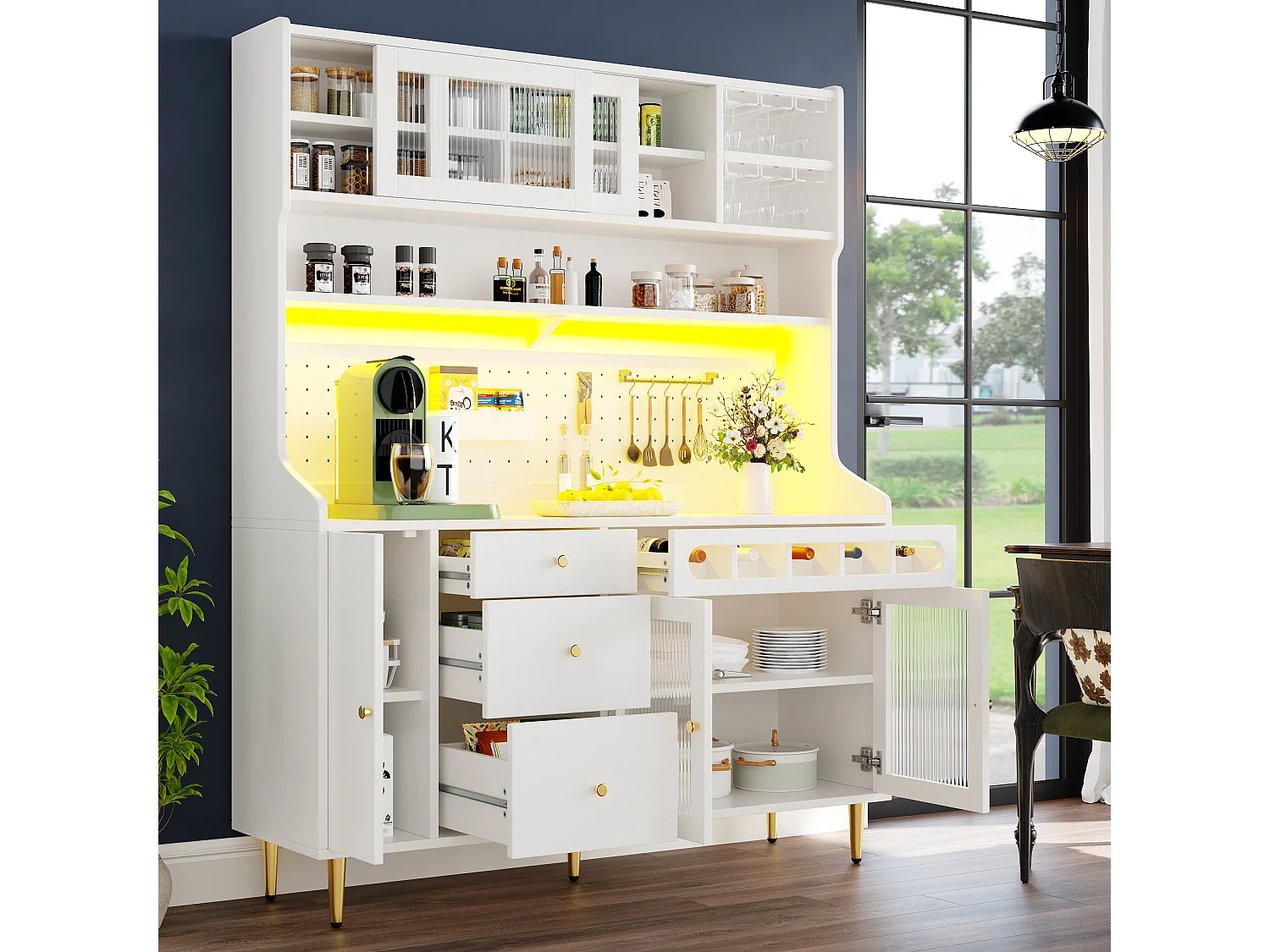 Küchenbuffet 145x39x171 cm - mit LED-Beleuchtung - 4 Glastüren - 3 Schubladen - mit Lochplatte - weiß