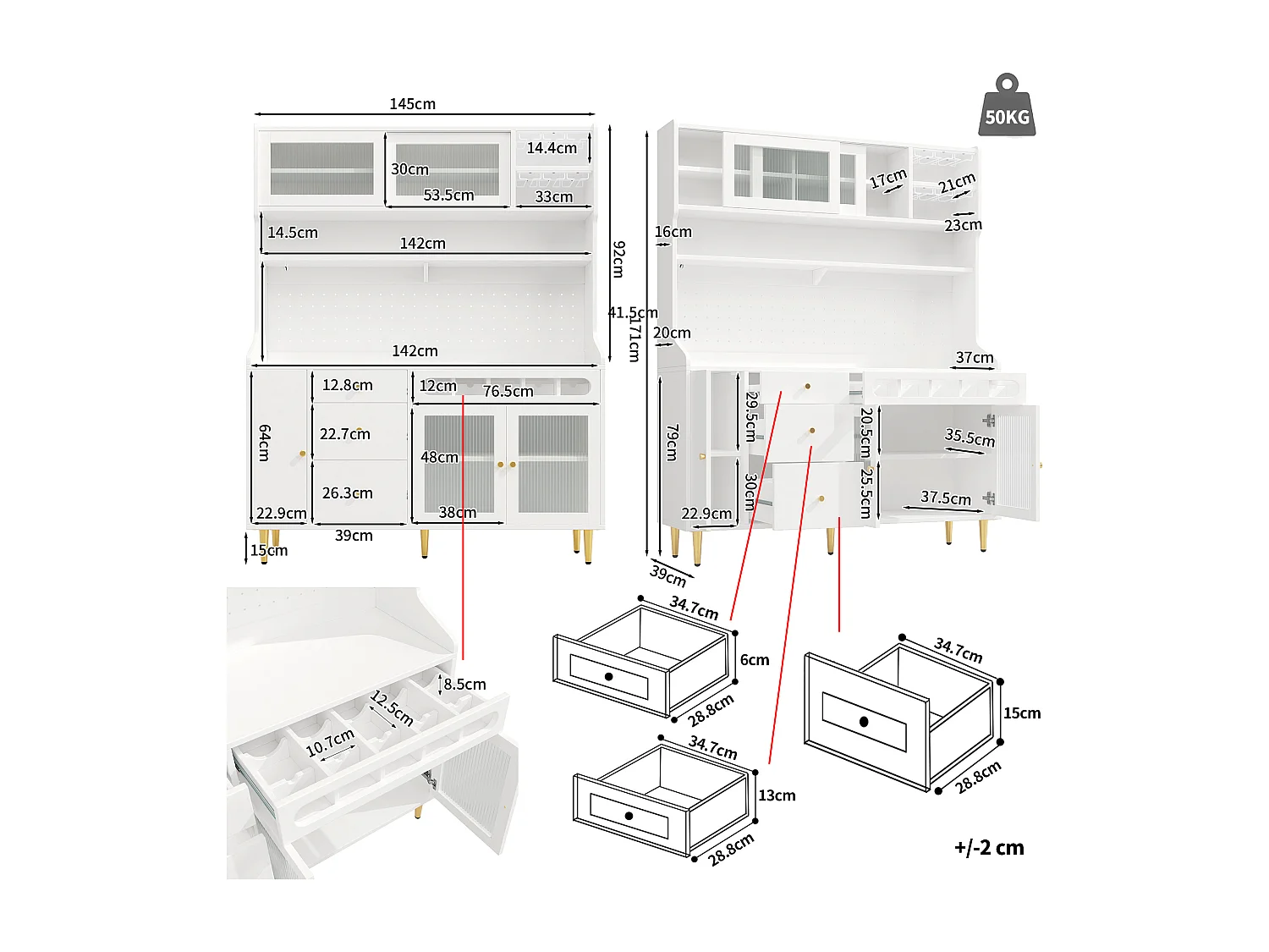 Küchenbuffet 145x39x171 cm - mit LED-Beleuchtung - 4 Glastüren - 3 Schubladen - mit Lochplatte - weiß