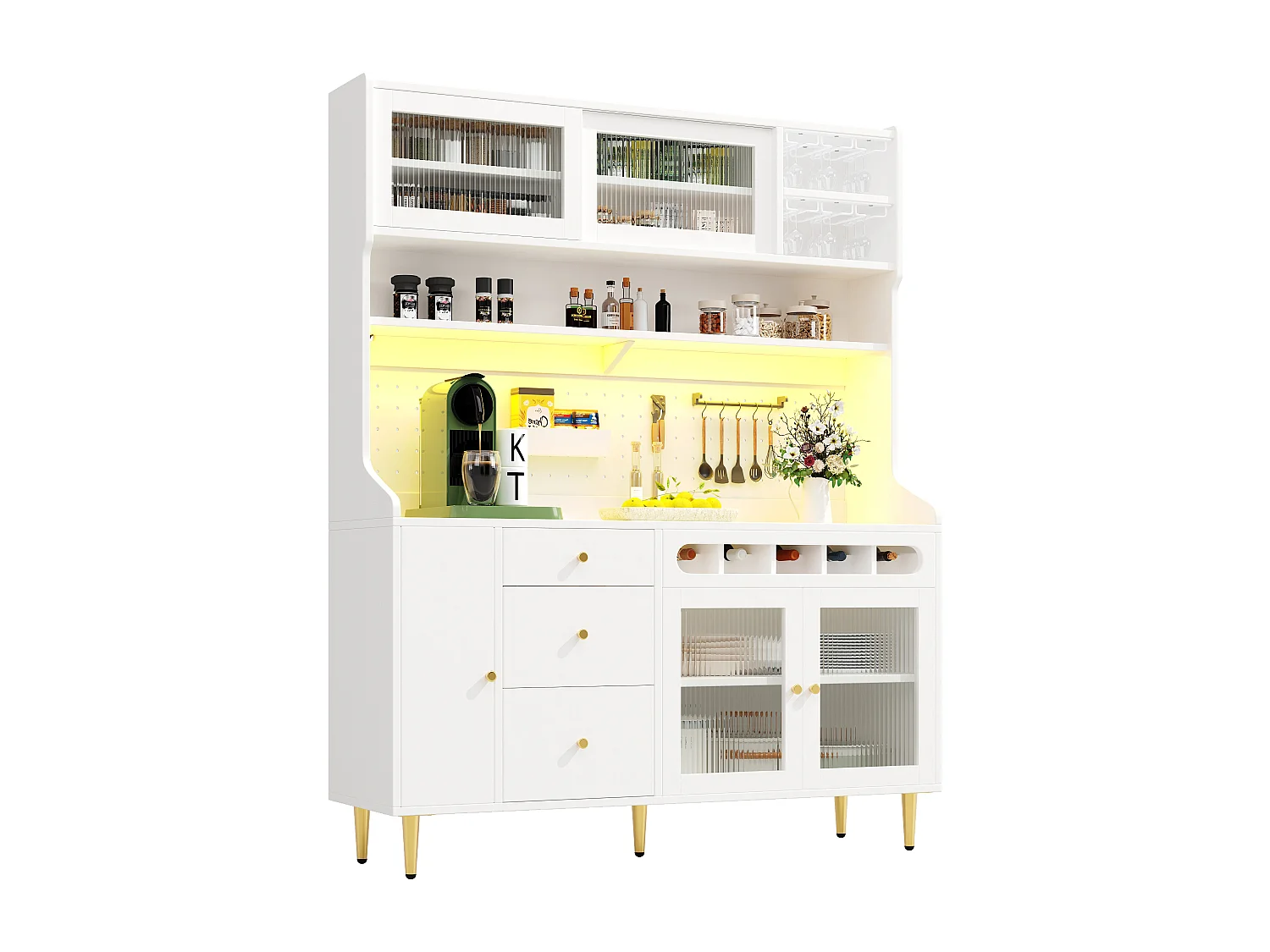 Küchenbuffet 145x39x171 cm - mit LED-Beleuchtung - 4 Glastüren - 3 Schubladen - mit Lochplatte - weiß