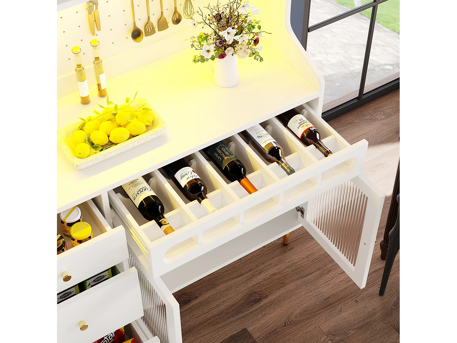 Küchenbuffet 145x39x171 cm - mit LED-Beleuchtung - 4 Glastüren - 3 Schubladen - mit Lochplatte - weiß