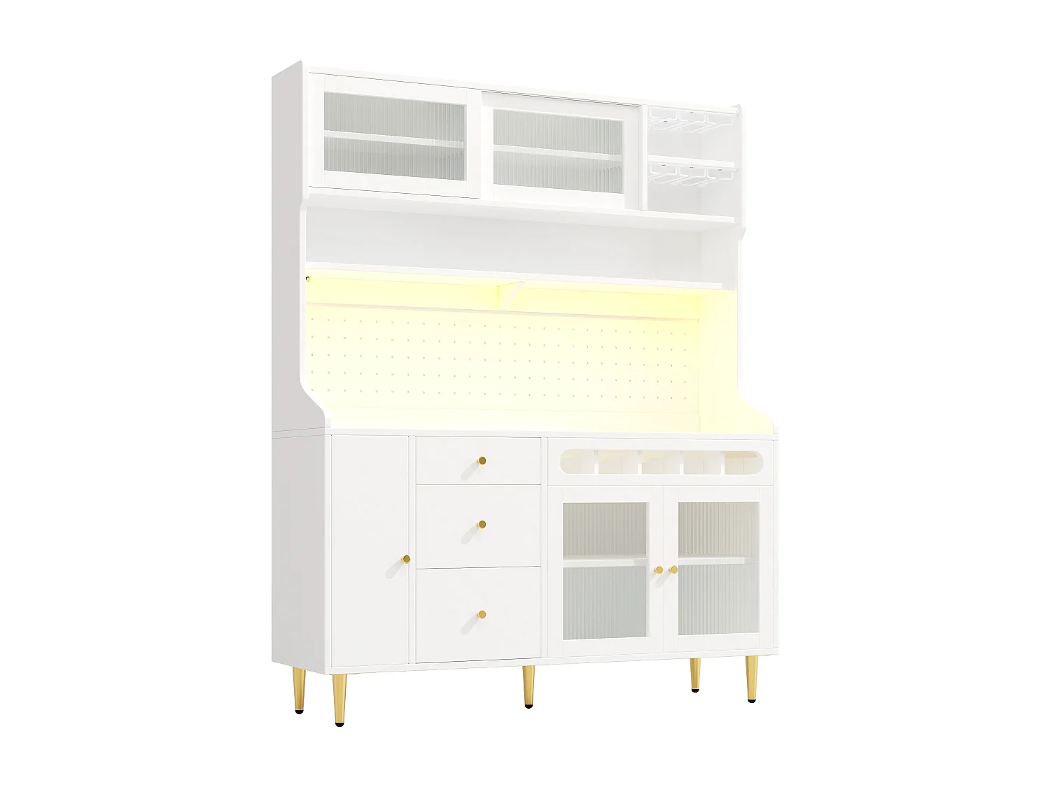 Küchenbuffet 145x39x171 cm - mit LED-Beleuchtung - 4 Glastüren - 3 Schubladen - mit Lochplatte - weiß