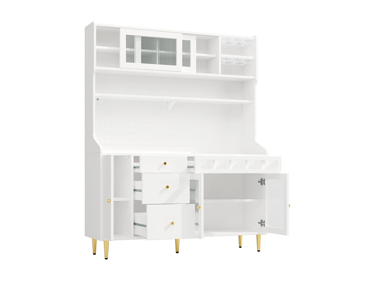 Küchenbuffet 145x39x171 cm - mit LED-Beleuchtung - 4 Glastüren - 3 Schubladen - mit Lochplatte - weiß