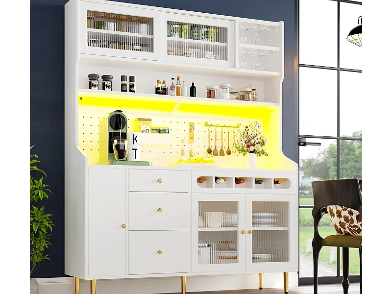 Keuken buffet 145x39x171 cm - met LED-verlichting - 4 glazen deuren - 3 lades - met geperforeerd paneel - wit