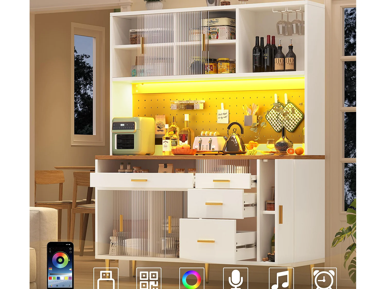 Keuken buffet 145x39x171 cm - 4 glazen deuren - 4 lades - wijnvak - met LED-verlichting - wit