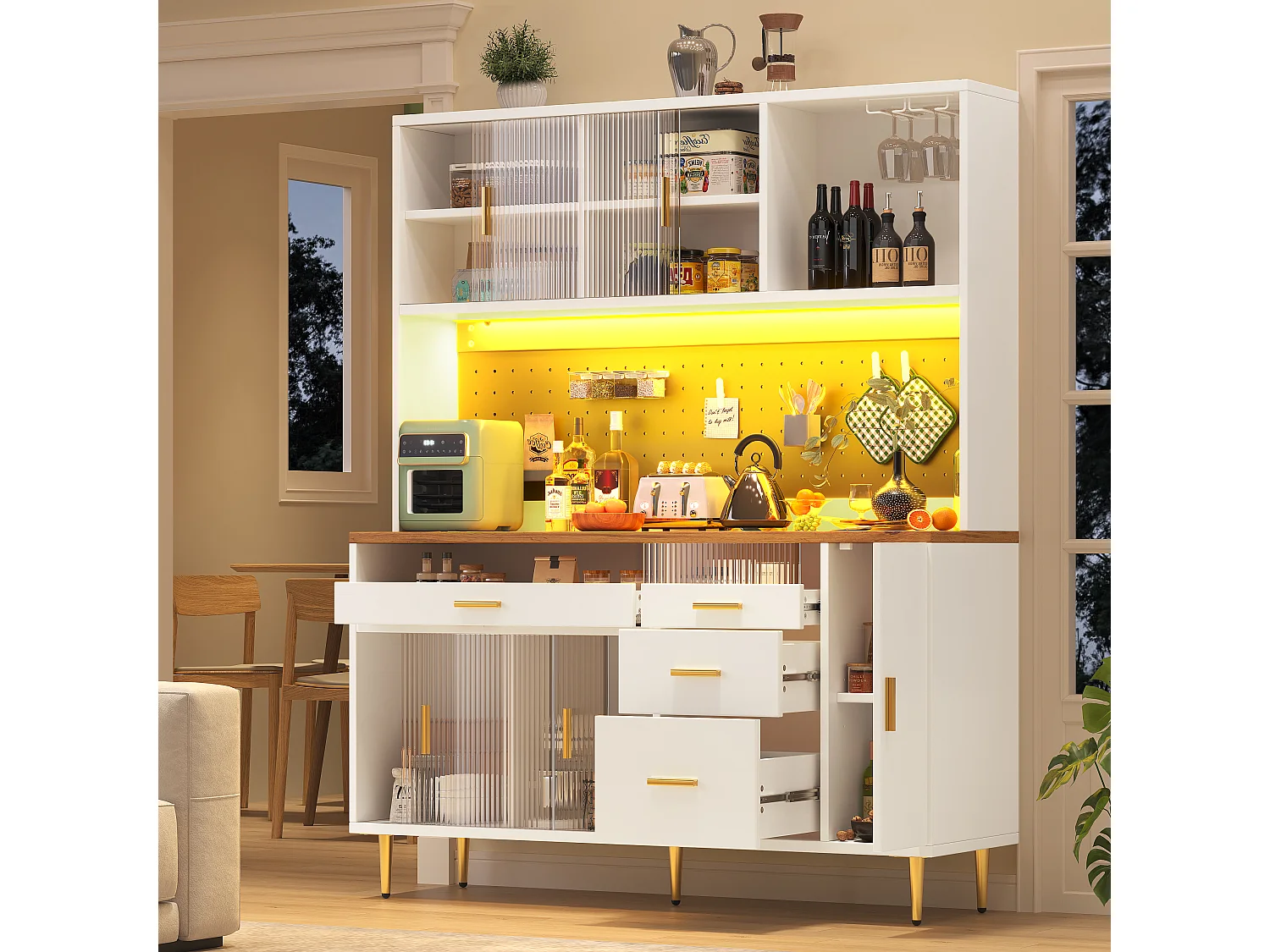 Keuken buffet 145x39x171 cm - 4 glazen deuren - 4 lades - wijnvak - met LED-verlichting - wit