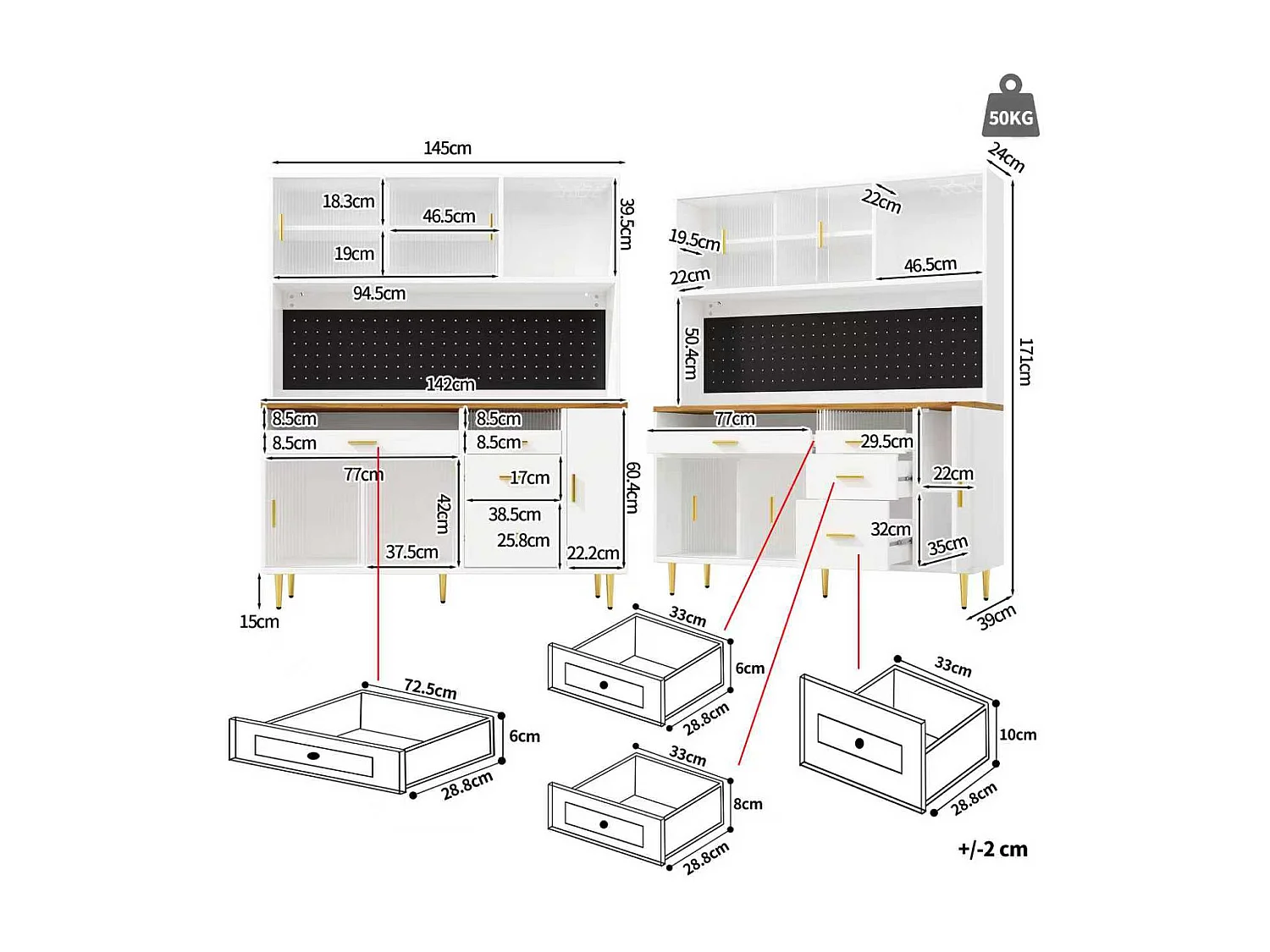 Keuken buffet 145x39x171 cm - 4 glazen deuren - 4 lades - wijnvak - met LED-verlichting - wit