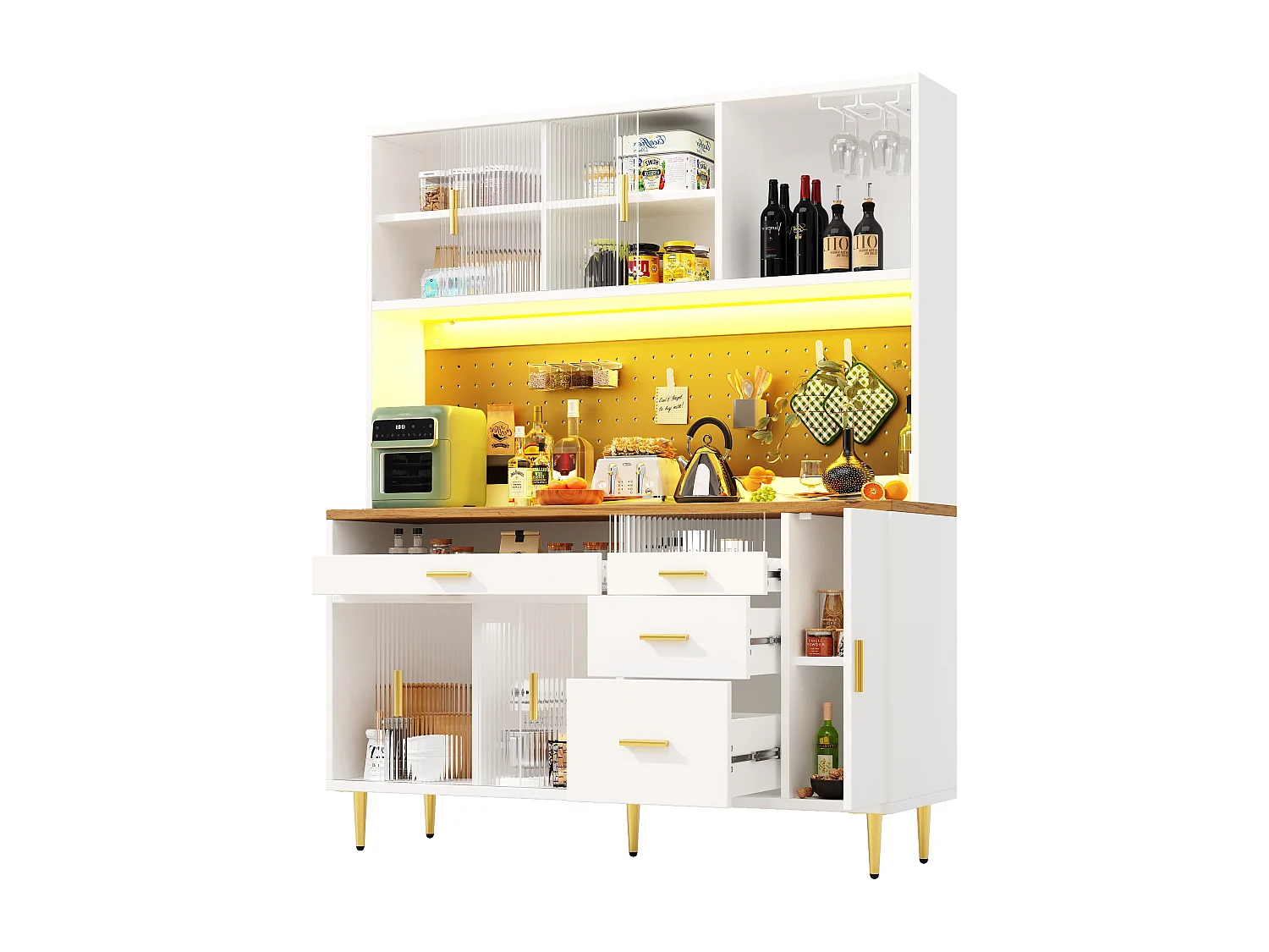 Keuken buffet 145x39x171 cm - 4 glazen deuren - 4 lades - wijnvak - met LED-verlichting - wit