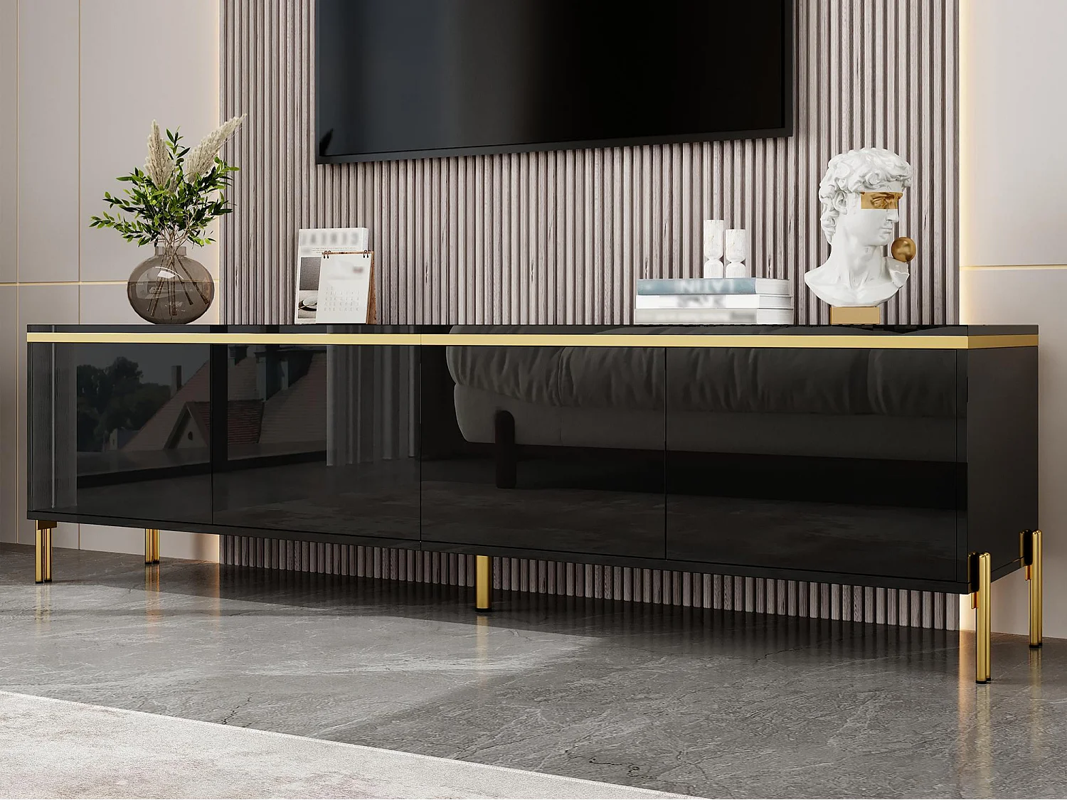 Moderner hochglänzender lackierter TV-Schrank - 170x38x50 cm - 4 Türen - Vergoldete Akzente - Metallfüße - Schwarz