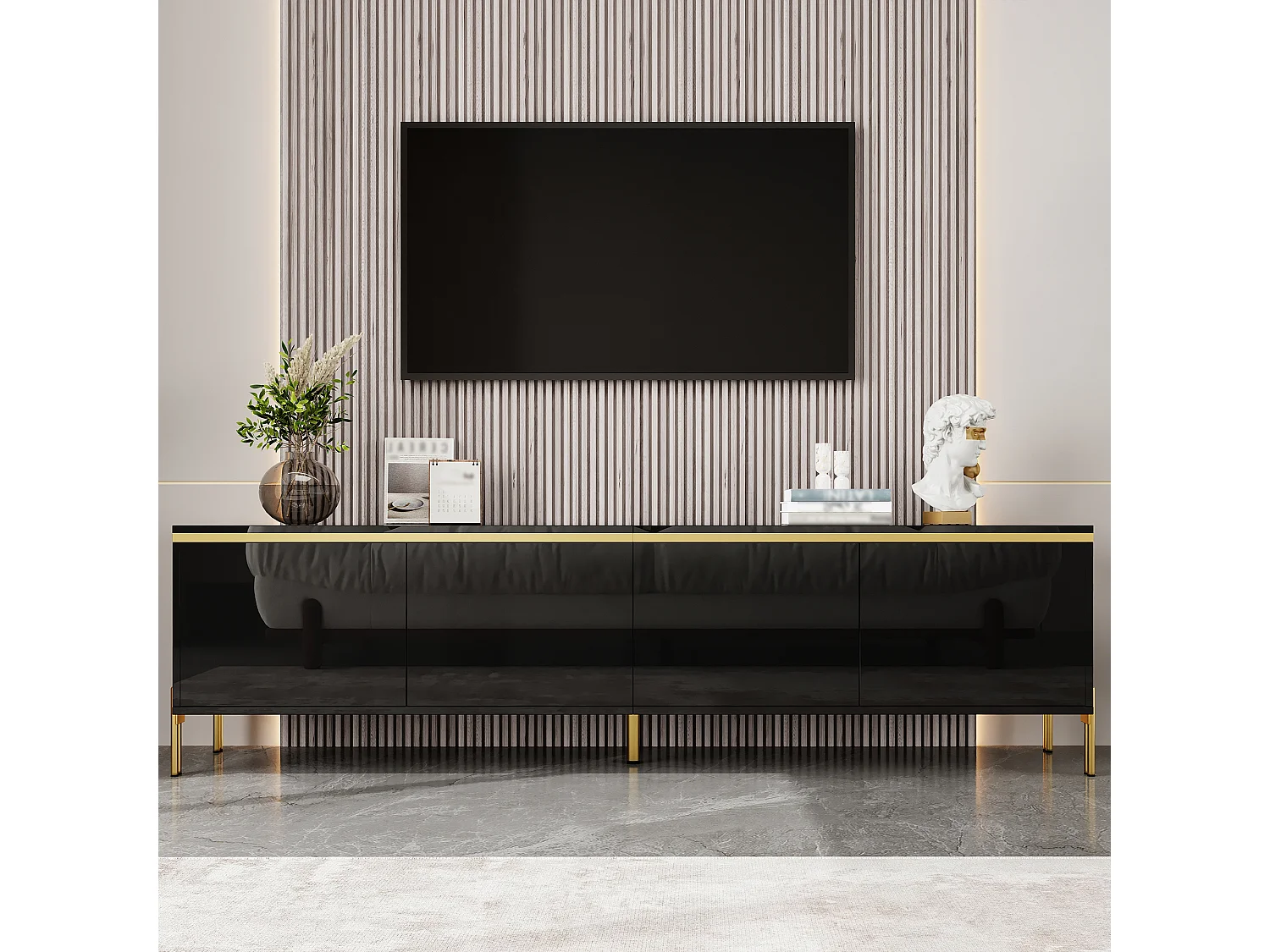 Moderner hochglänzender lackierter TV-Schrank - 170x38x50 cm - 4 Türen - Vergoldete Akzente - Metallfüße - Schwarz