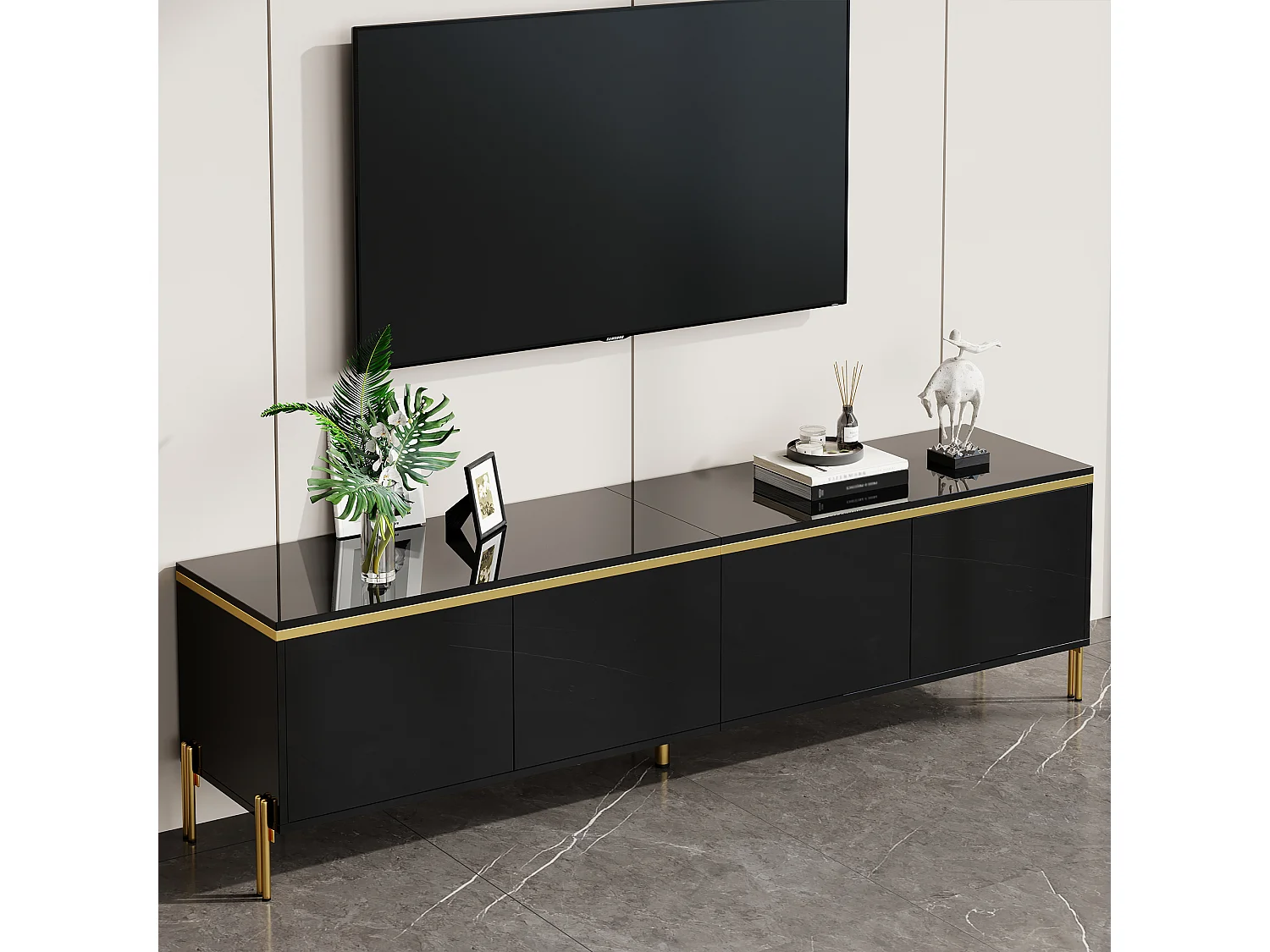 Moderner hochglänzender lackierter TV-Schrank - 170x38x50 cm - 4 Türen - Vergoldete Akzente - Metallfüße - Schwarz
