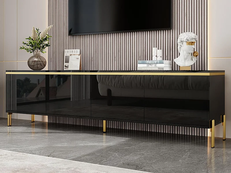Moderner hochglänzender lackierter TV-Schrank - 170x38x50 cm - 4 Türen - Vergoldete Akzente - Metallfüße - Schwarz