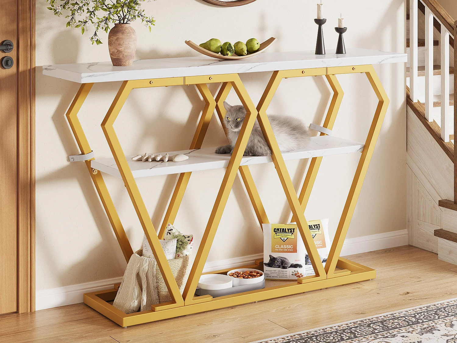 Konsoletisch 120x29,5x80 cm - mit Marmor-Optik-Platte - Metall - Weiß + Gold