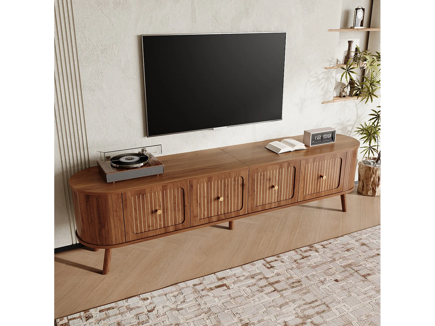 Moderner TV-Schrank 180x38x47 cm - 4 Türen - vergoldete Griffe - Holzfüße - braun