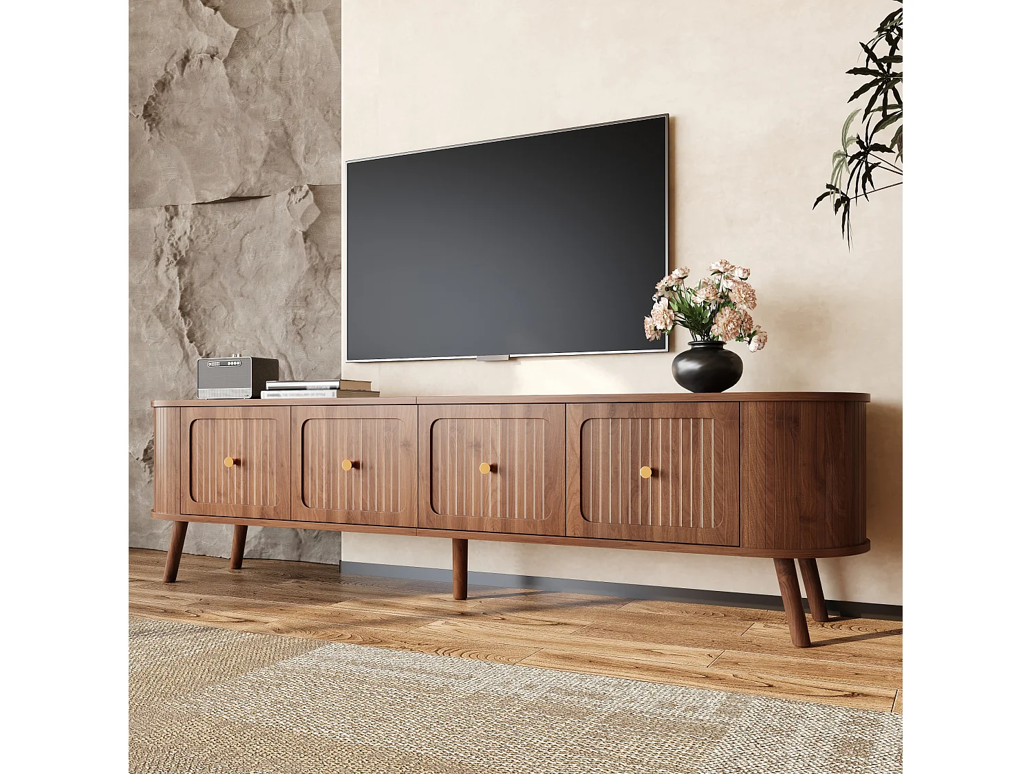 Moderner TV-Schrank 180x38x47 cm - 4 Türen - vergoldete Griffe - Holzfüße - braun