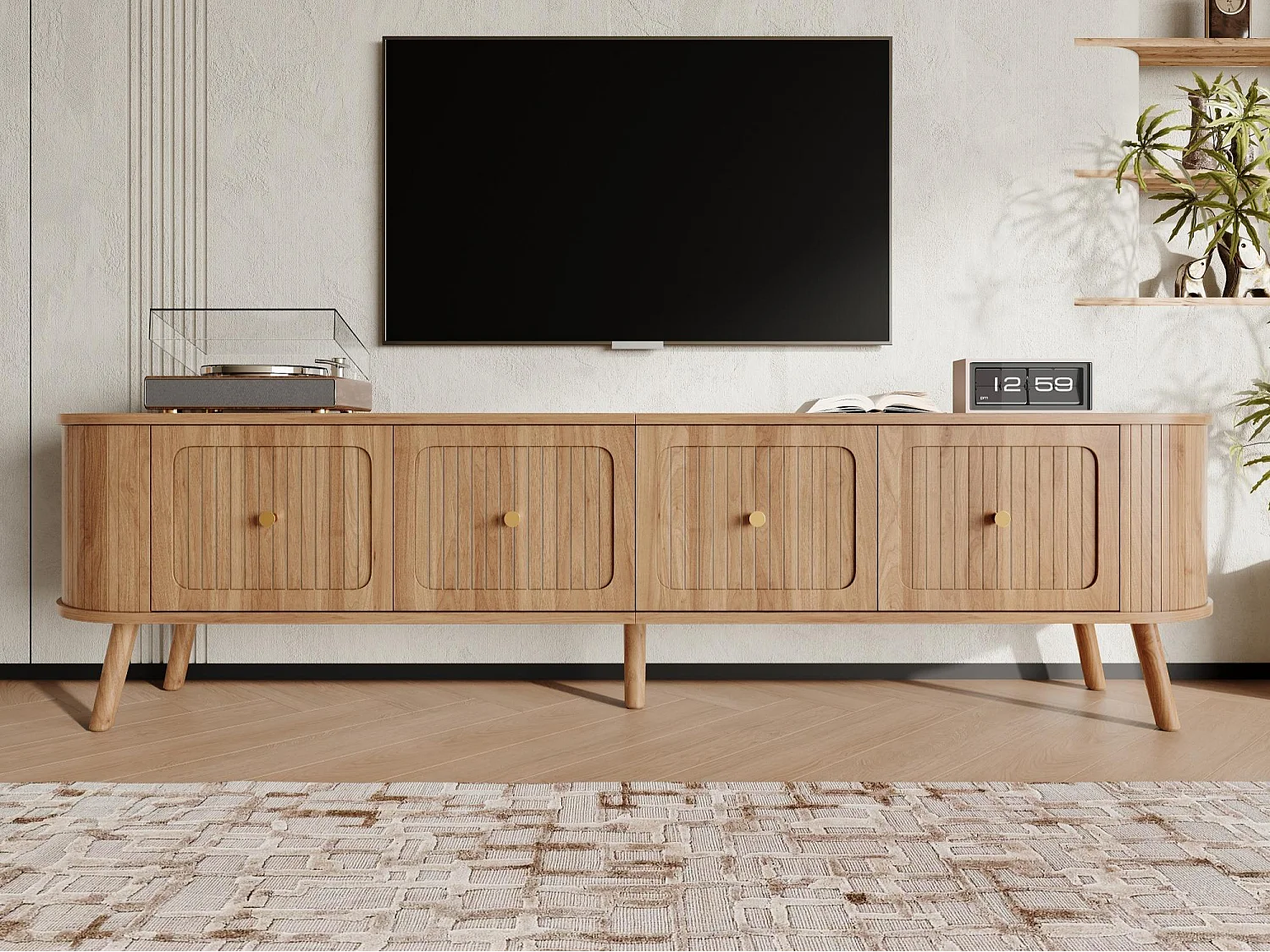 Moderner TV-Schrank 180x38x47 cm - 4 Türen - vergoldete Griffe - Holzfüße - natur