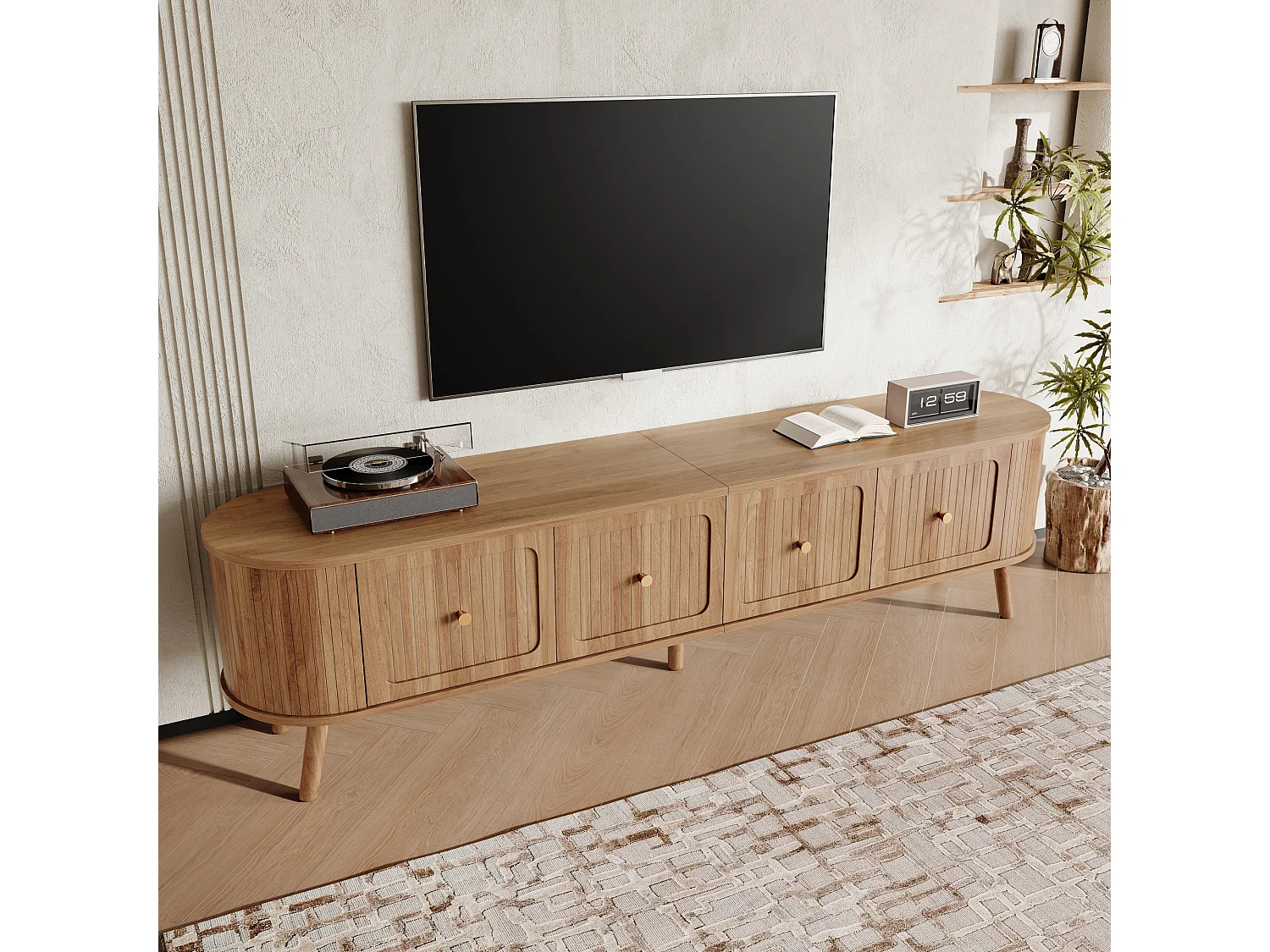 Moderner TV-Schrank 180x38x47 cm - 4 Türen - vergoldete Griffe - Holzfüße - natur