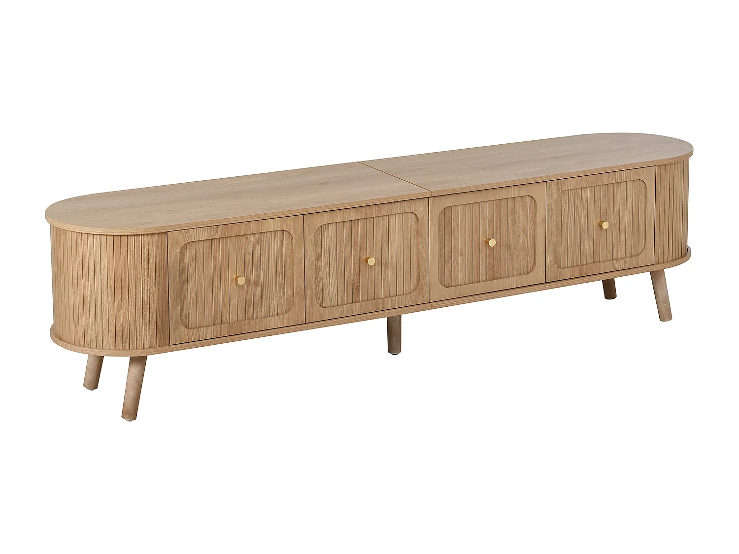 Moderner TV-Schrank 180x38x47 cm - 4 Türen - vergoldete Griffe - Holzfüße - natur