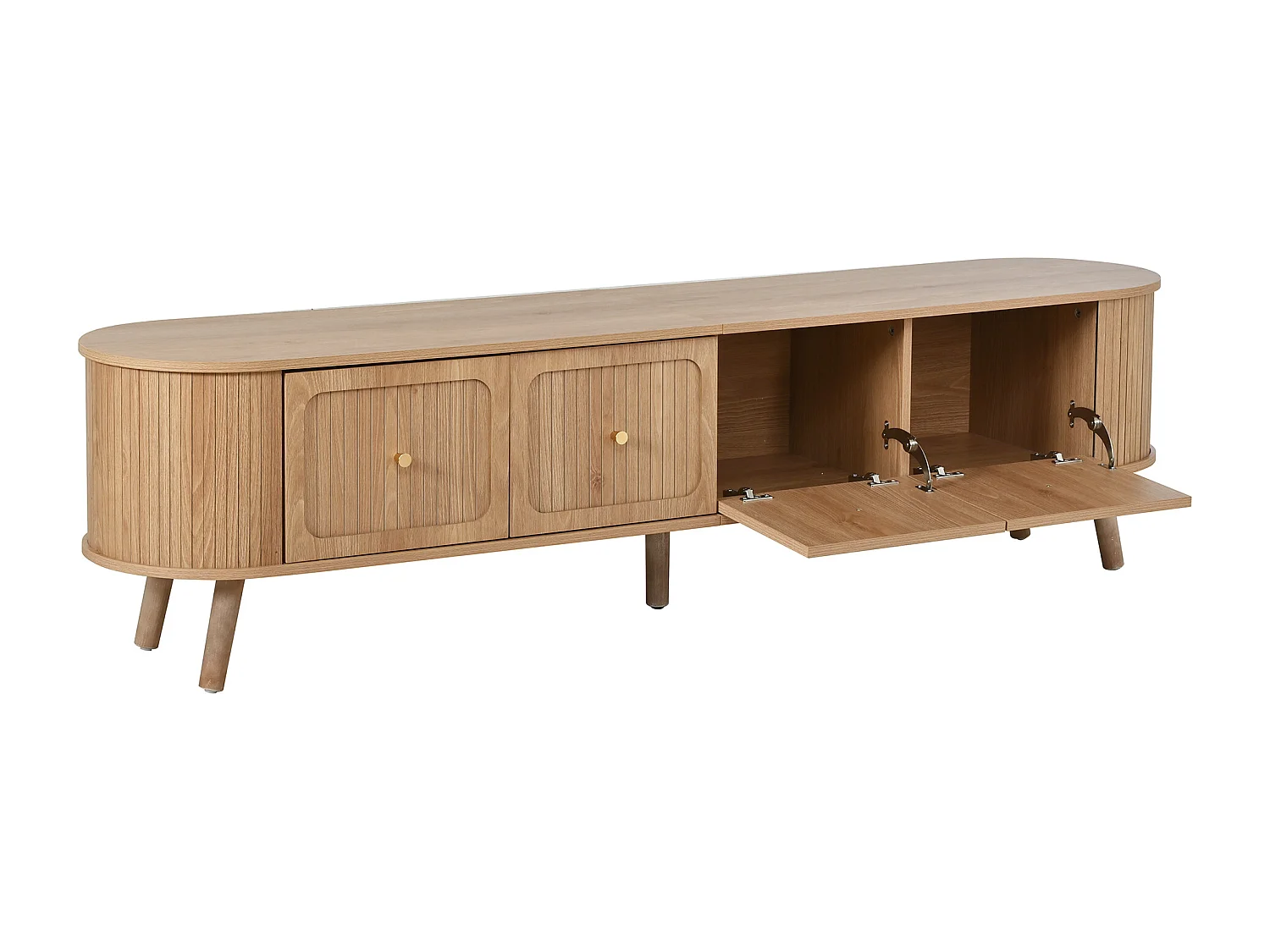 Moderner TV-Schrank 180x38x47 cm - 4 Türen - vergoldete Griffe - Holzfüße - natur