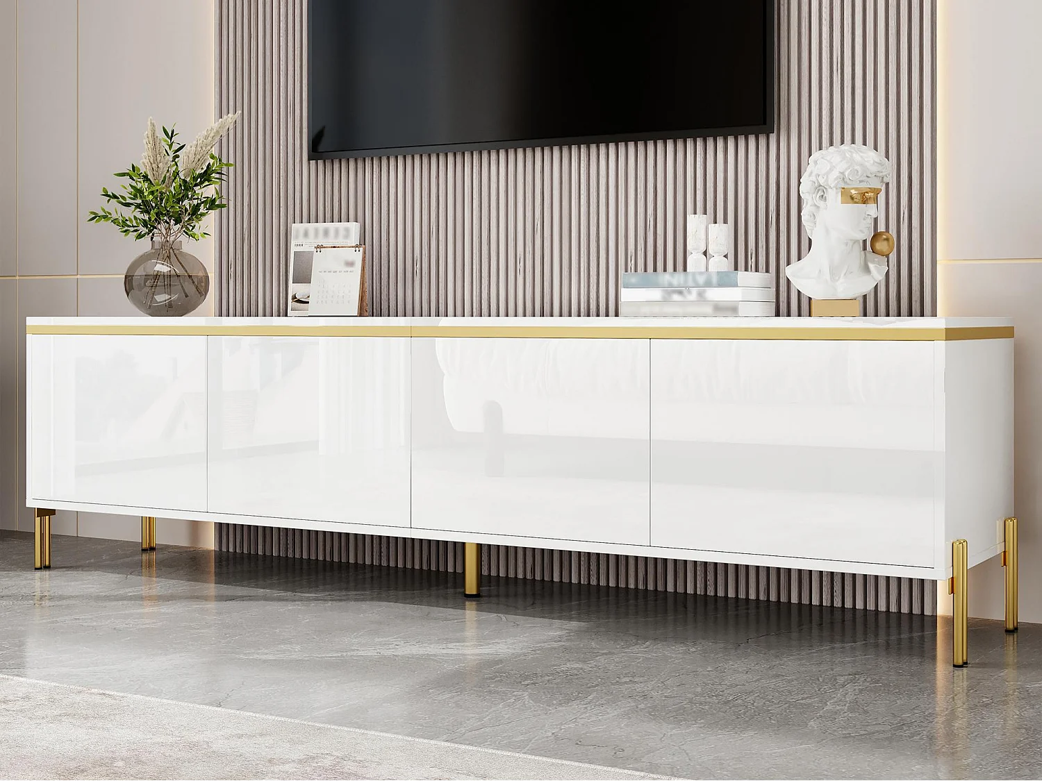 Moderner hochglänzender lackierter TV-Schrank - 170x38x50 cm - 4 Türen - Vergoldete Akzente - Metallfüße - Weiß