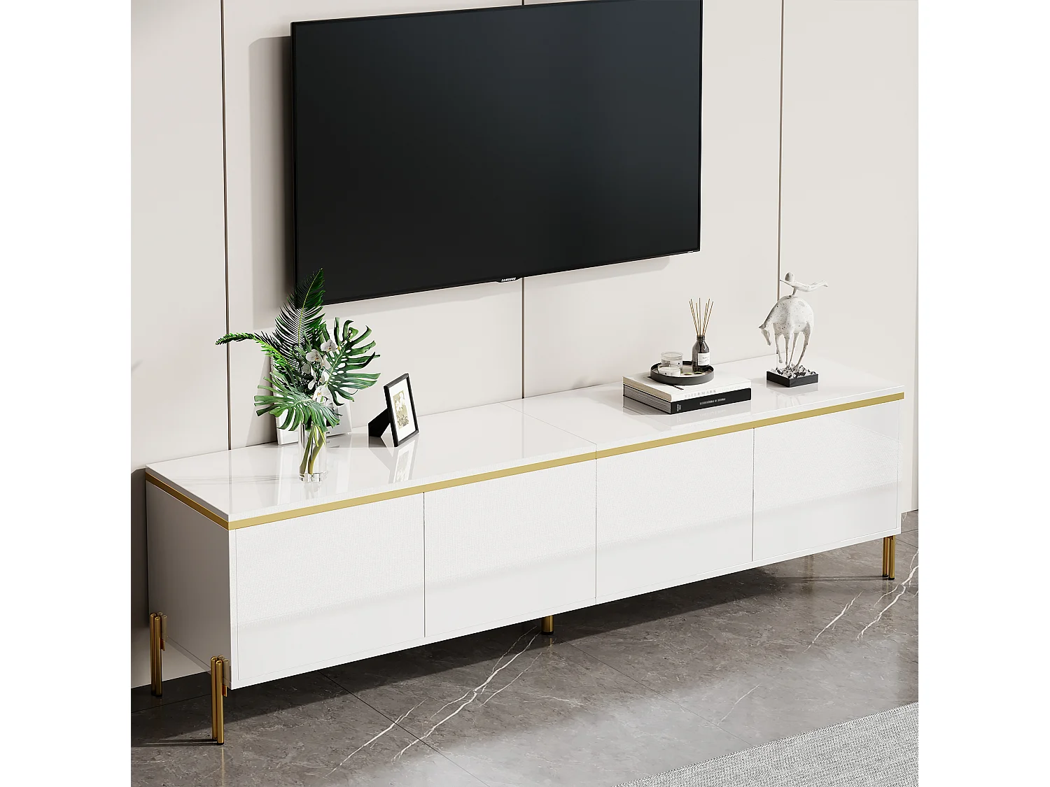 Moderner hochglänzender lackierter TV-Schrank - 170x38x50 cm - 4 Türen - Vergoldete Akzente - Metallfüße - Weiß